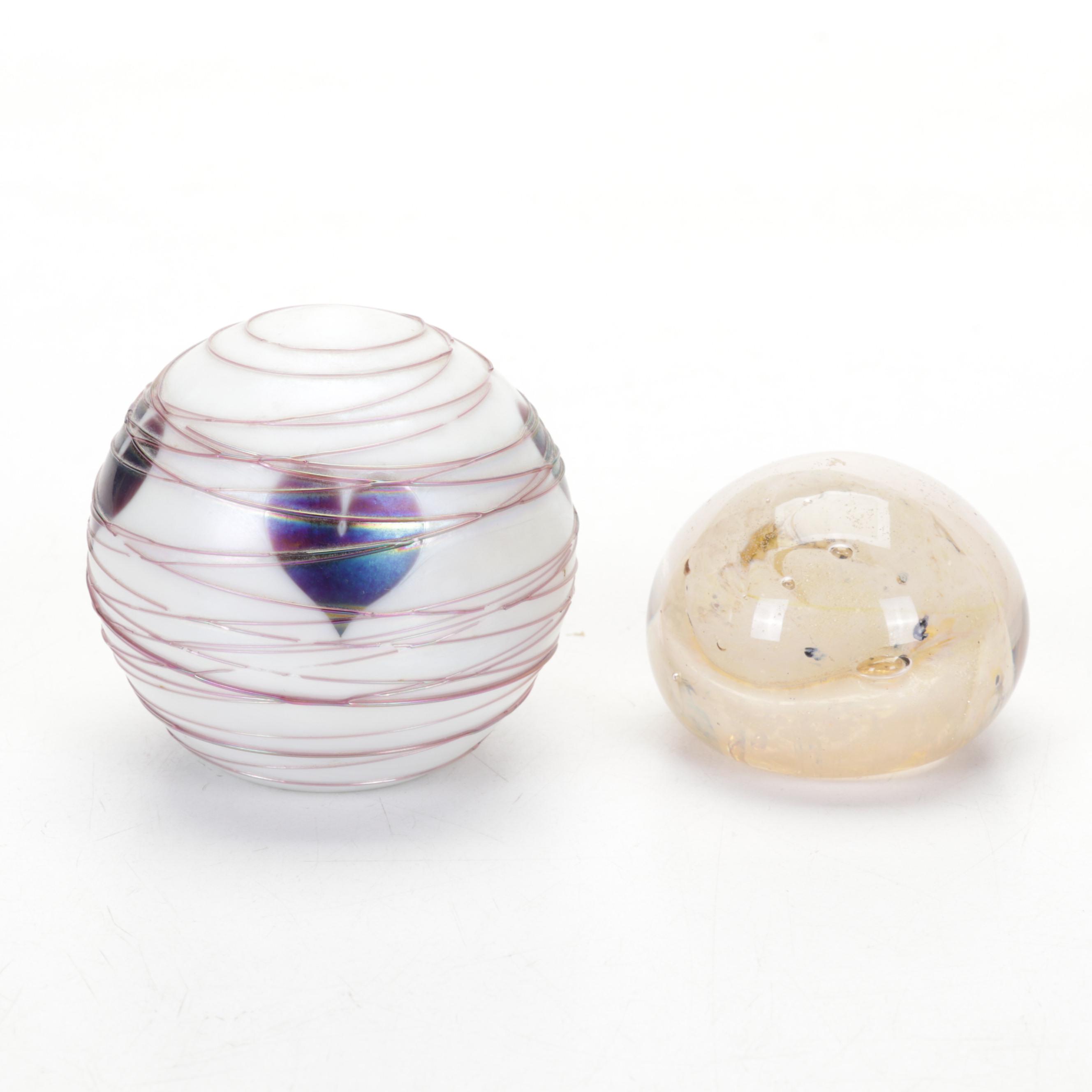 Art Glass Paperweights with Turned and Carved Wood Décor