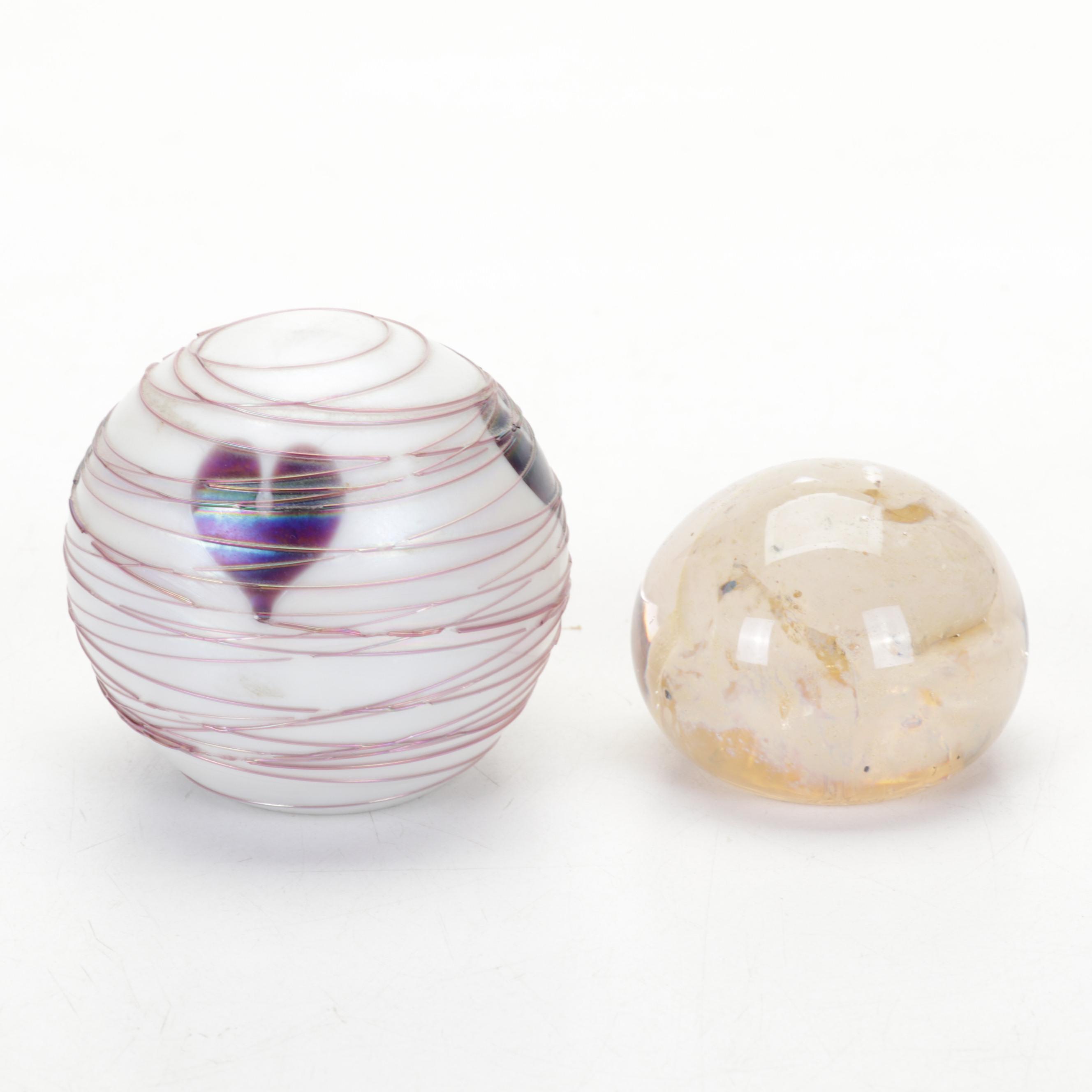 Art Glass Paperweights with Turned and Carved Wood Décor