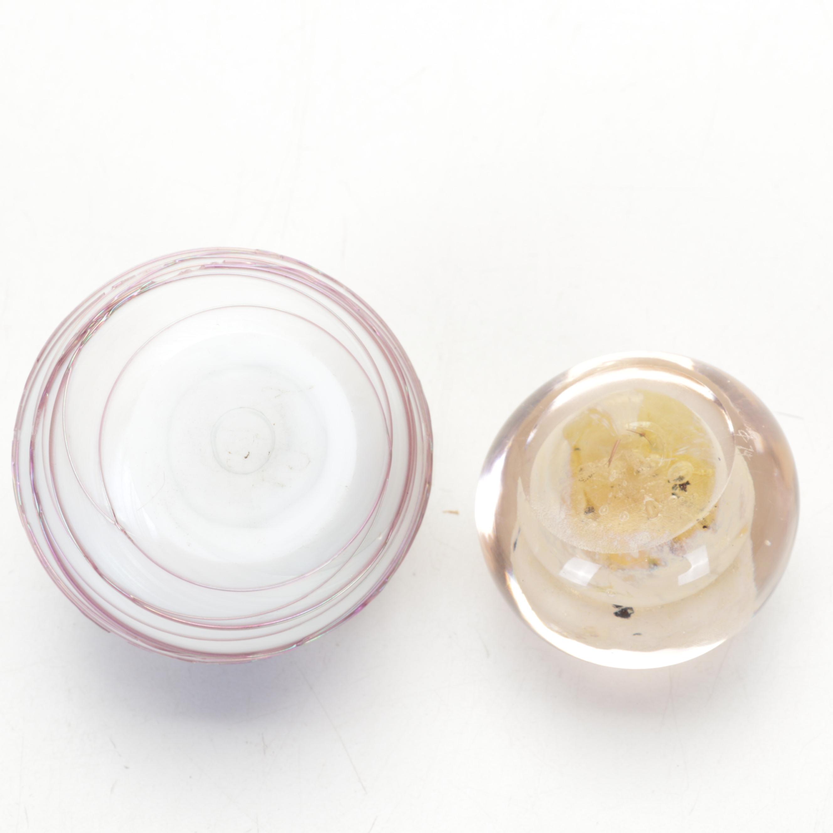 Art Glass Paperweights with Turned and Carved Wood Décor