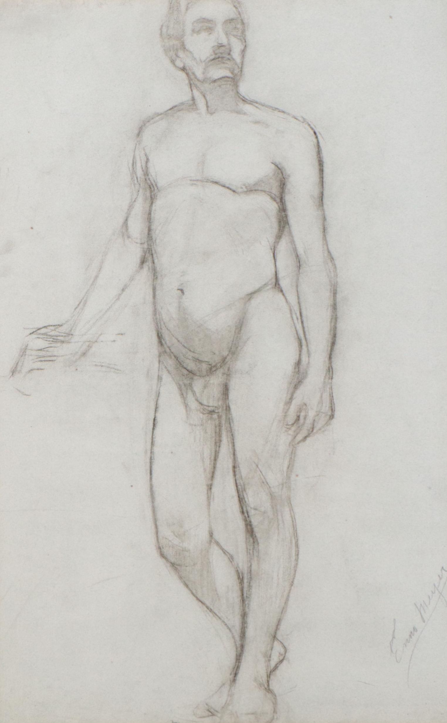 Enno Meyer Charcoal Drawing of Standing Male Nude, Circa 1940