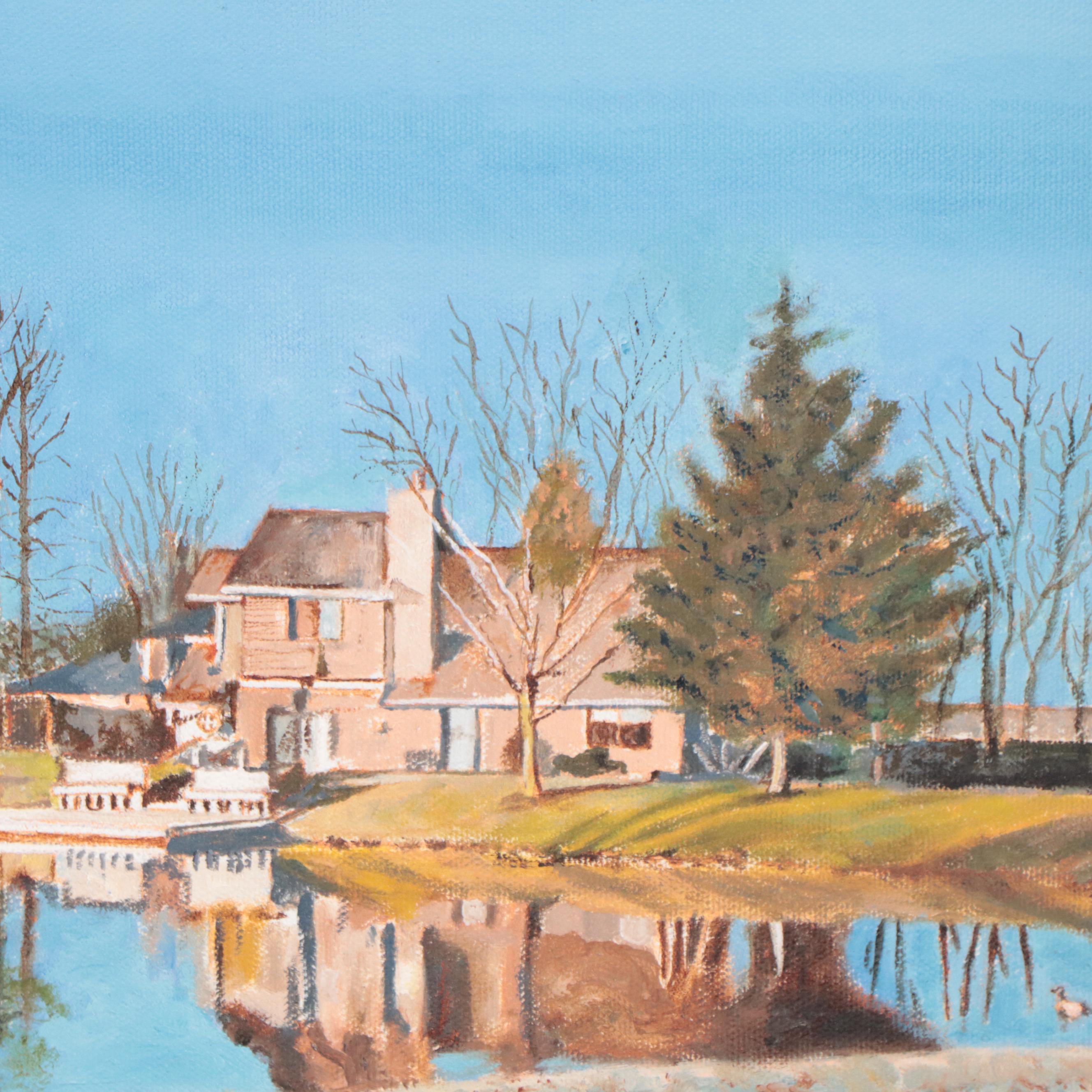 Acrylic Painting of Suburban Neighborhood in Winter, Late 20th Century