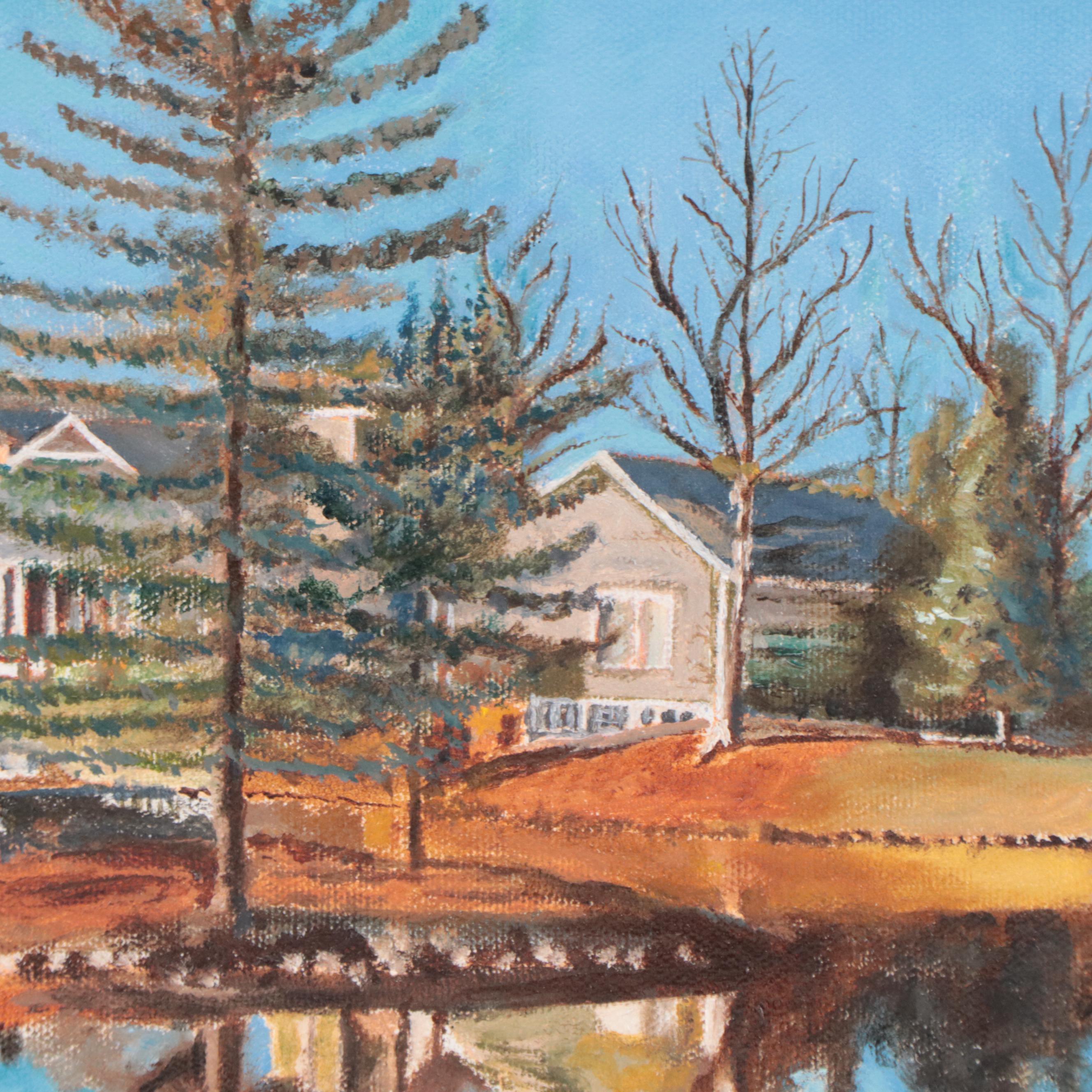 Acrylic Painting of Suburban Neighborhood in Winter, Late 20th Century