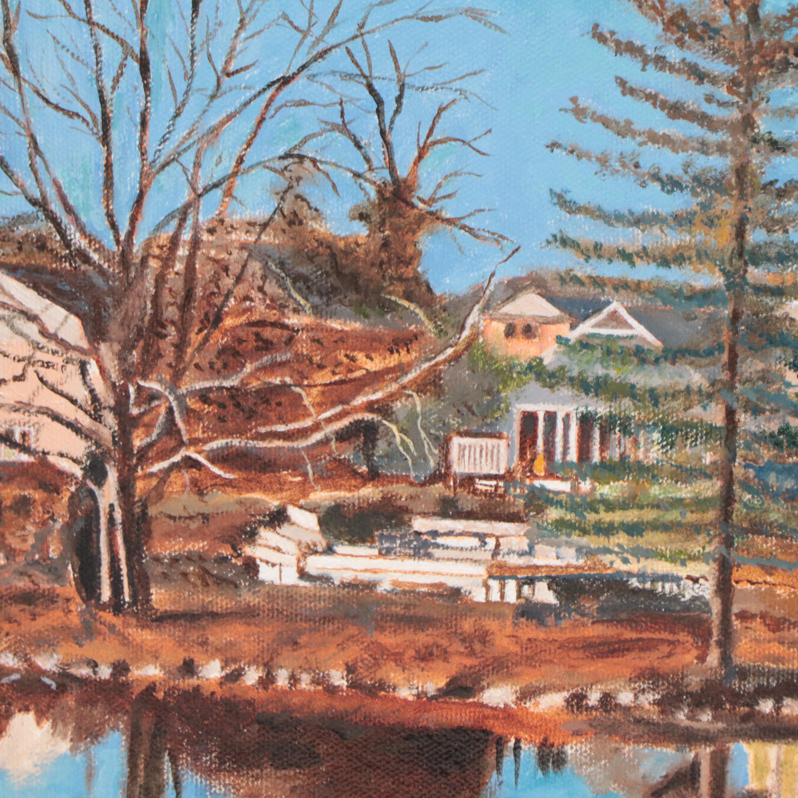 Acrylic Painting of Suburban Neighborhood in Winter, Late 20th Century