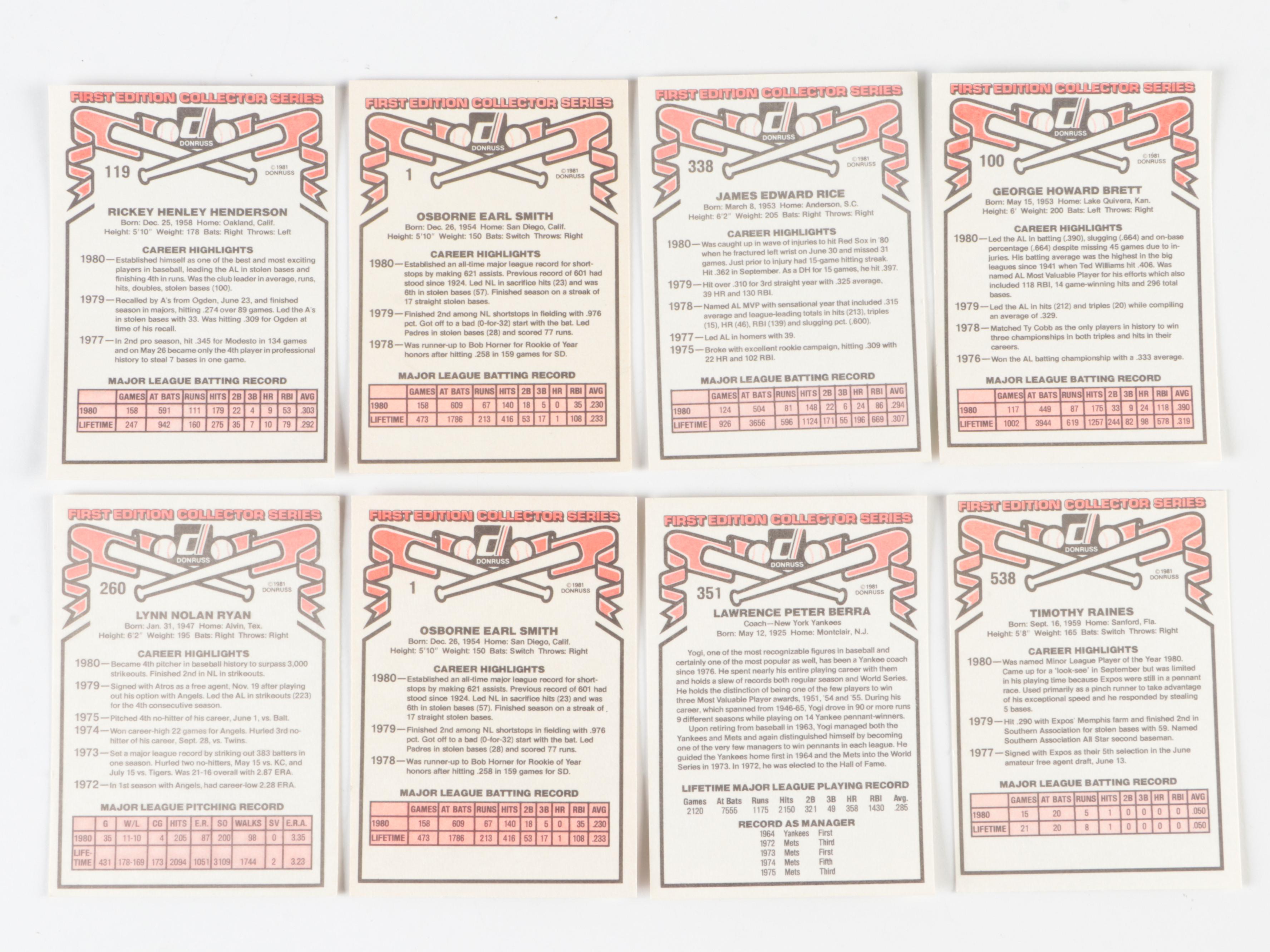 1981 Donruss Baseball Cards Partial Sets with Jenkins, Palmer and More