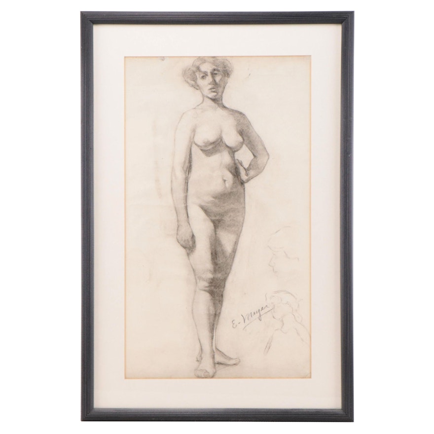 Enno Meyer Charcoal Drawing of Standing Female Nude, Circa 1940