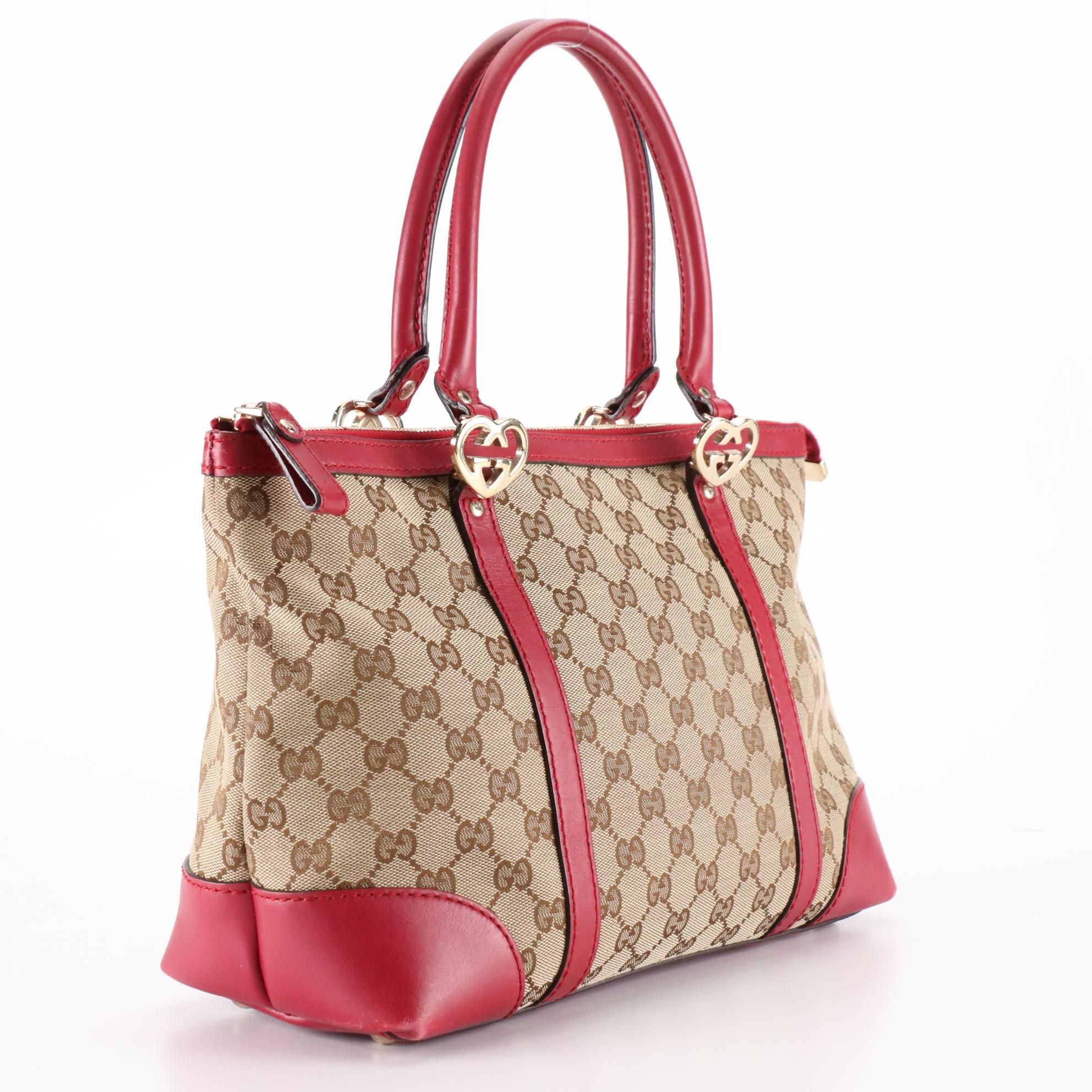 Gucci Lovely Heart Shoulder Bag in GG Canvas and Red Leather