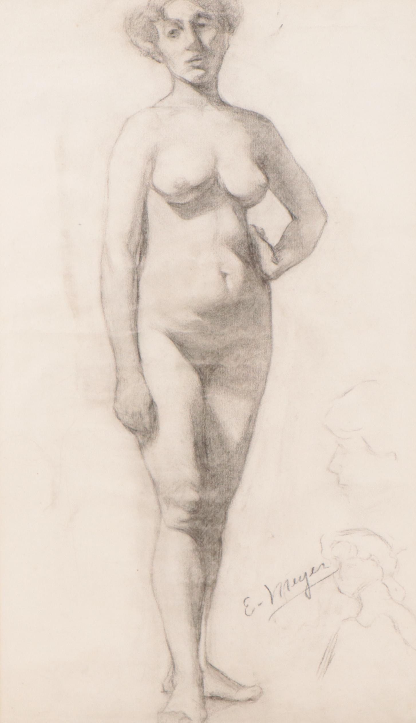Enno Meyer Charcoal Drawing of Standing Female Nude, Circa 1940