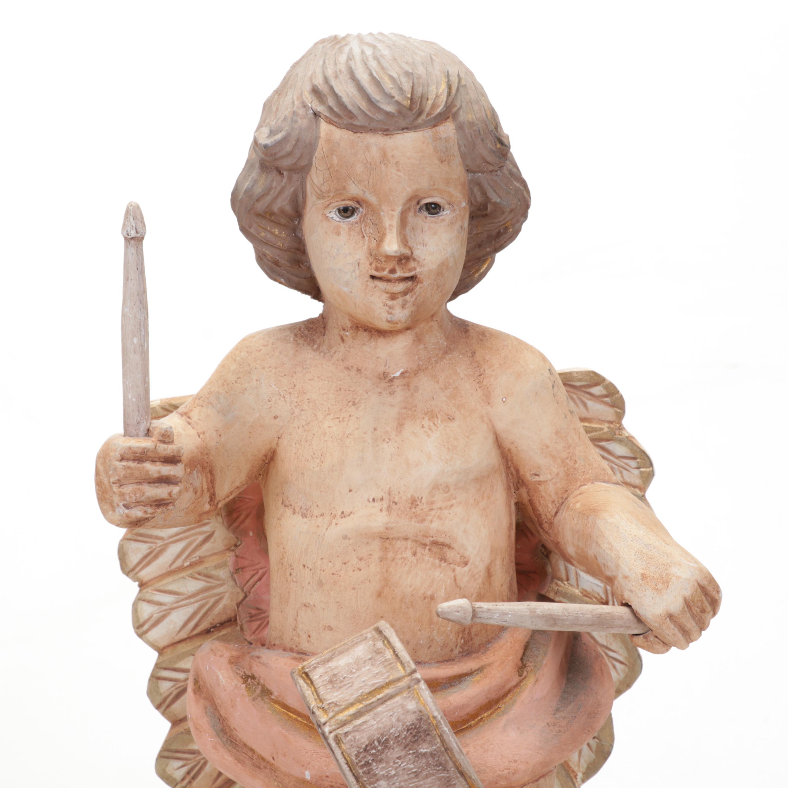 Mexican Folk Art Carved Wood Angel Drummer with St. Francis Relief Carved Panel