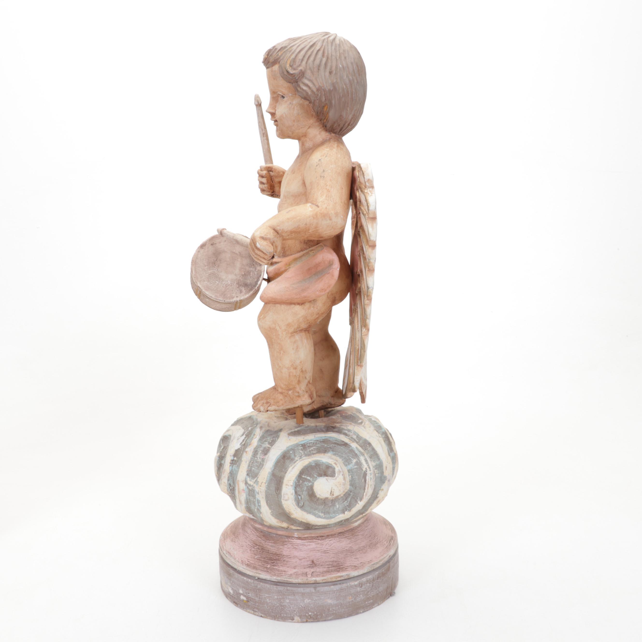 Mexican Folk Art Carved Wood Angel Drummer with St. Francis Relief Carved Panel