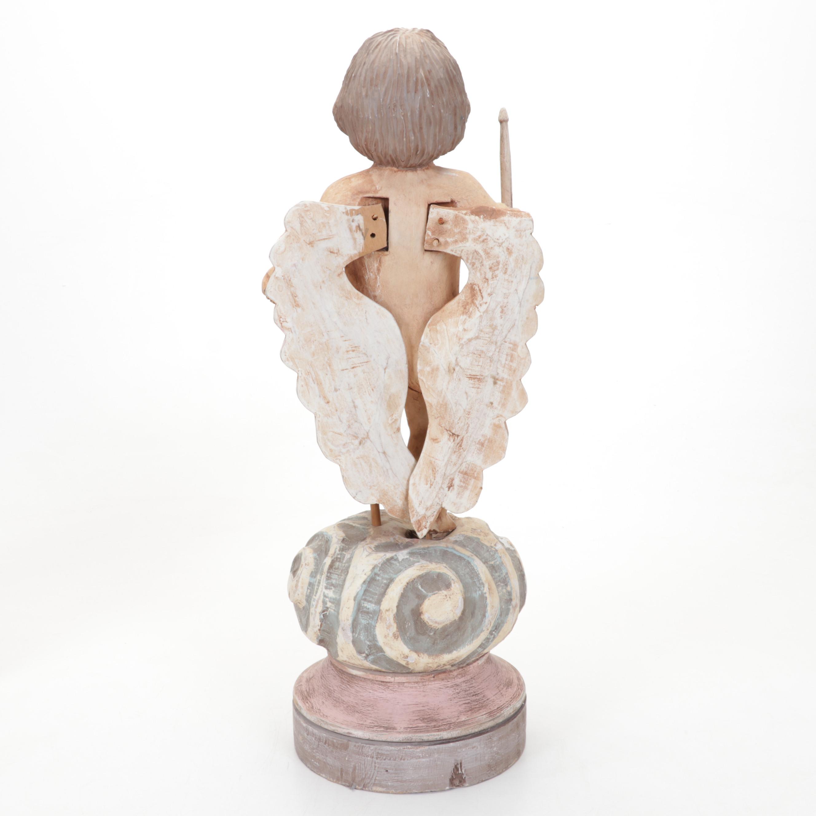 Mexican Folk Art Carved Wood Angel Drummer with St. Francis Relief Carved Panel