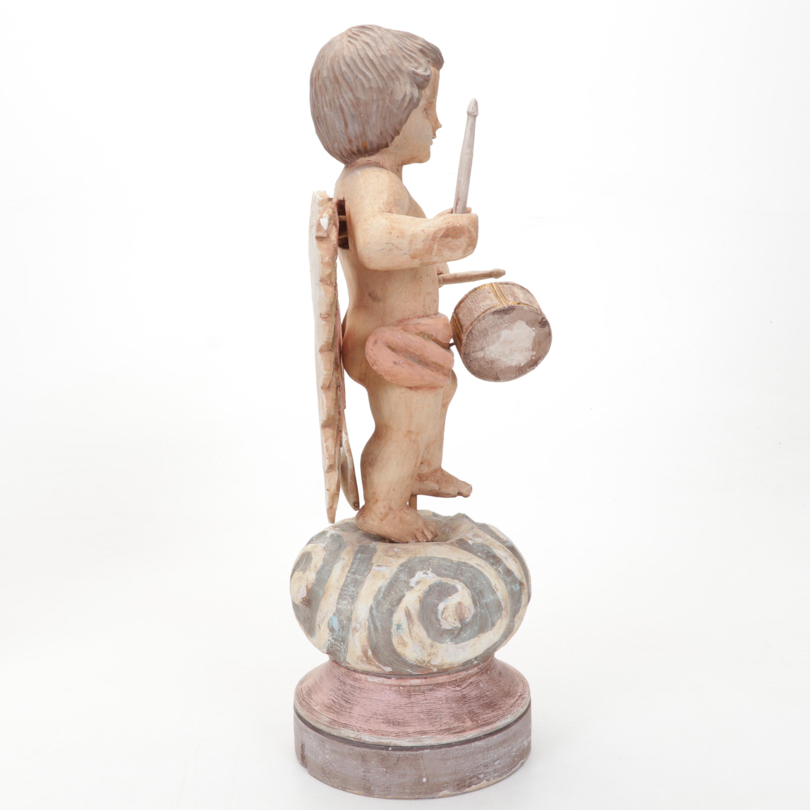 Mexican Folk Art Carved Wood Angel Drummer with St. Francis Relief Carved Panel