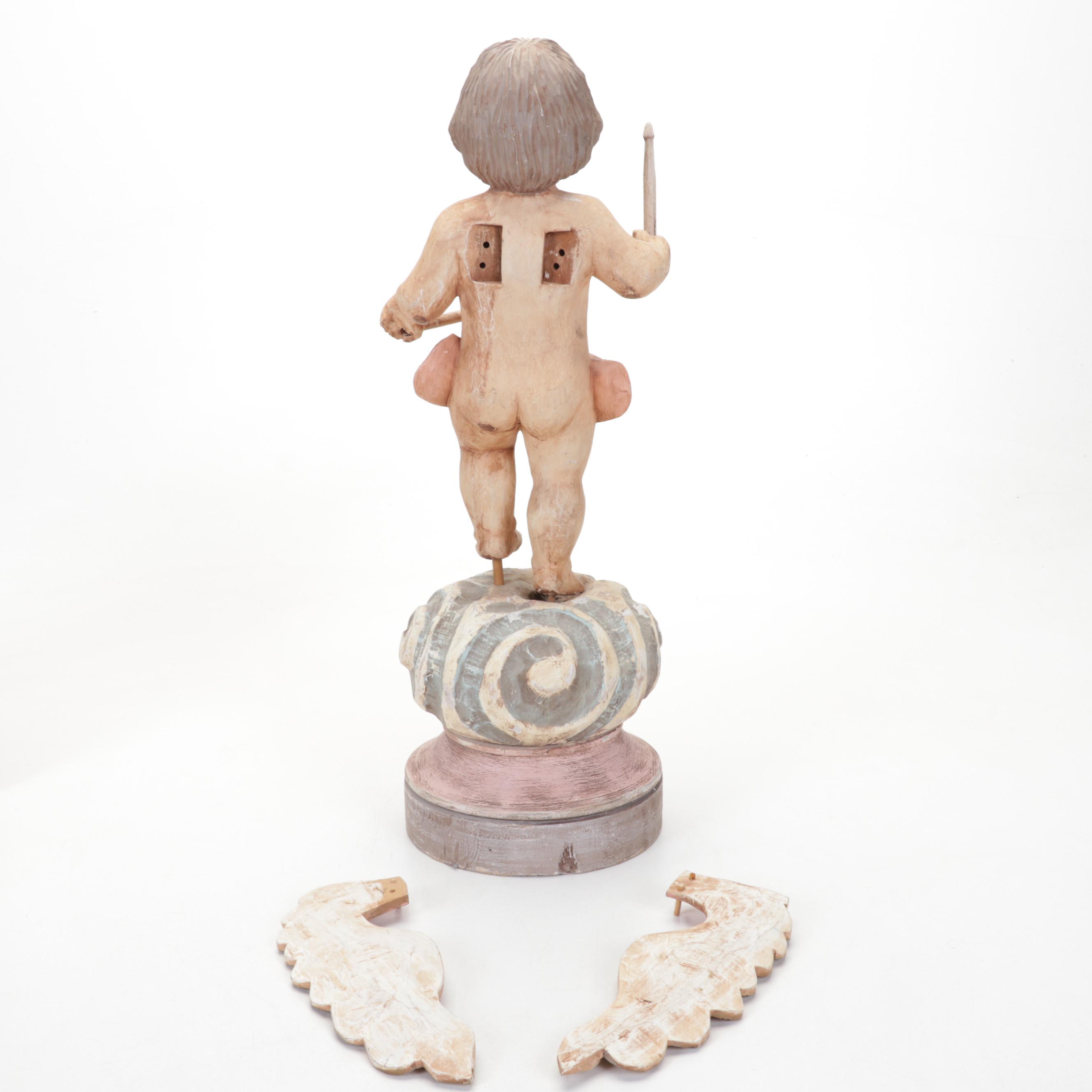 Mexican Folk Art Carved Wood Angel Drummer with St. Francis Relief Carved Panel