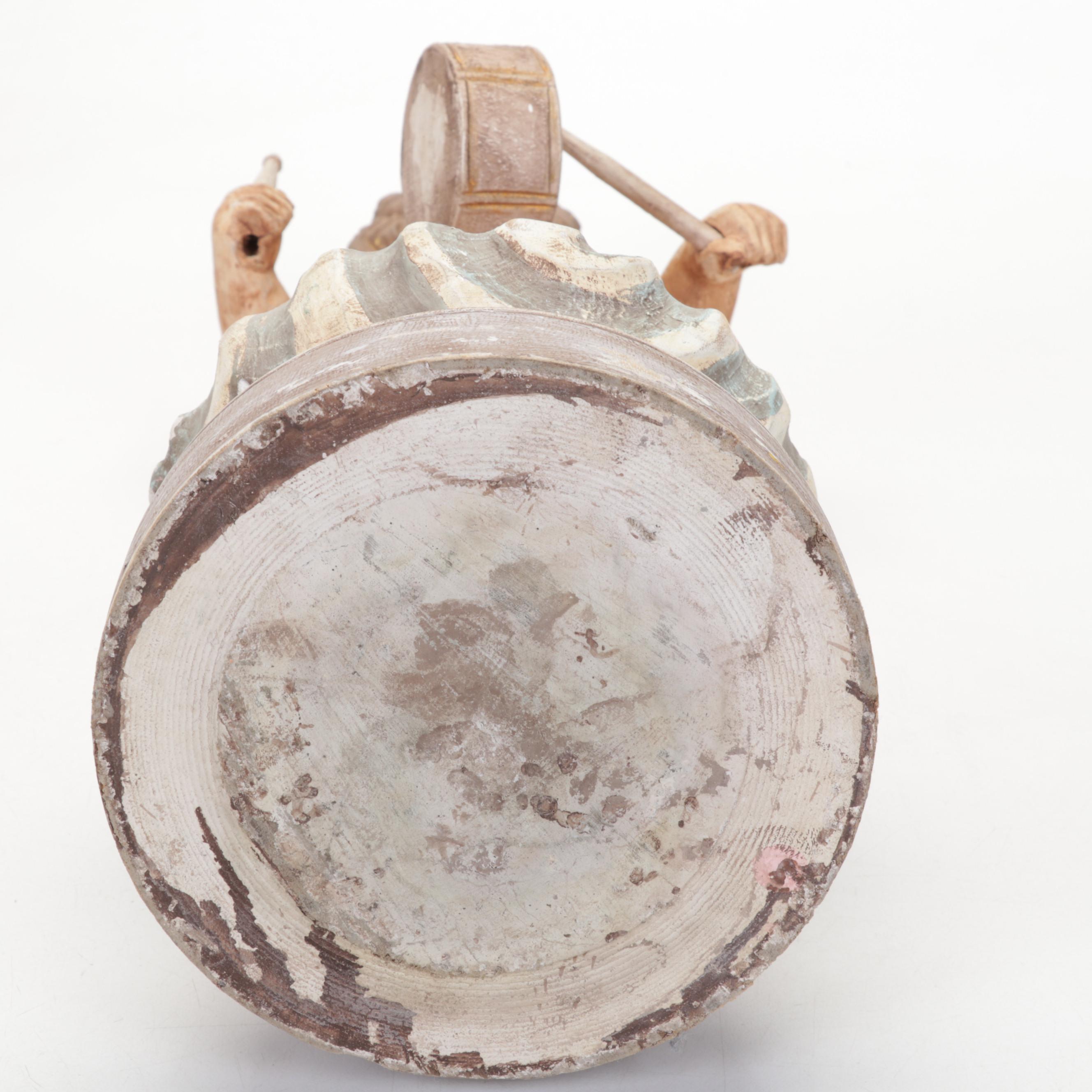 Mexican Folk Art Carved Wood Angel Drummer with St. Francis Relief Carved Panel