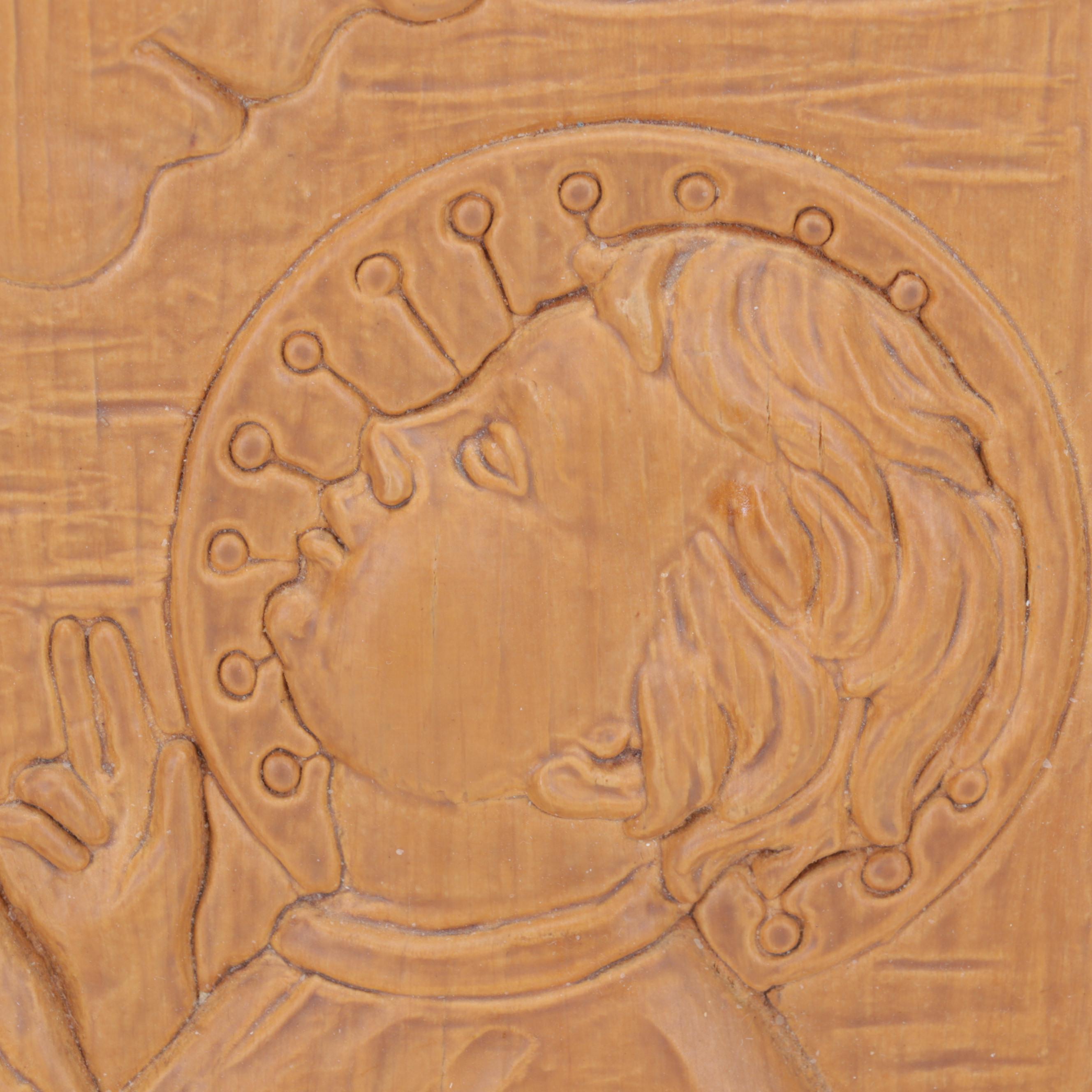 Mexican Folk Art Carved Wood Angel Drummer with St. Francis Relief Carved Panel