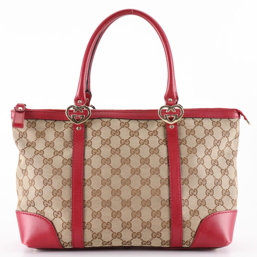 Gucci Lovely Heart Shoulder Bag in GG Canvas and Red Leather