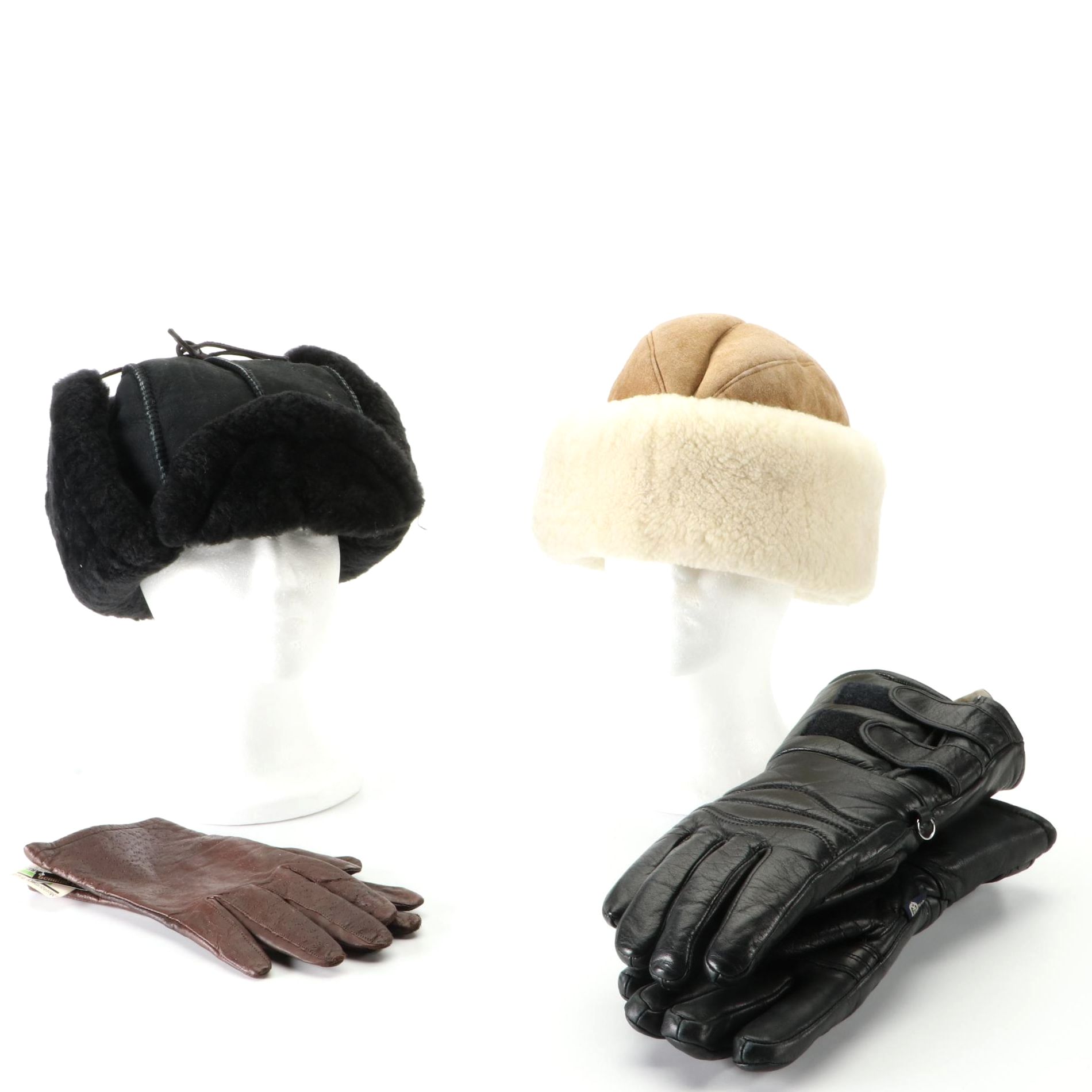 Bighorn Sheepskin Company Hat, Trapper Hat, and Olympia Sports Leather Gloves
