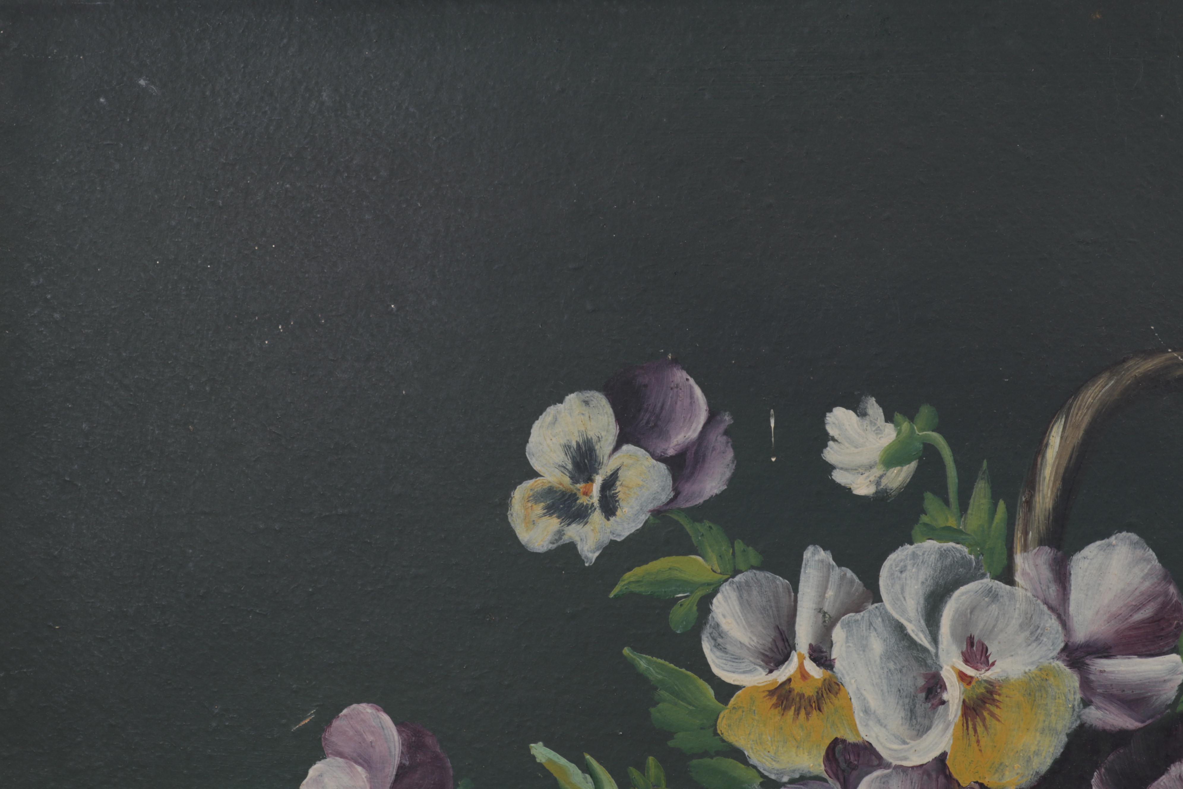 Still Life Oil Painting of Pansy Flowers in Basket, Circa 1930