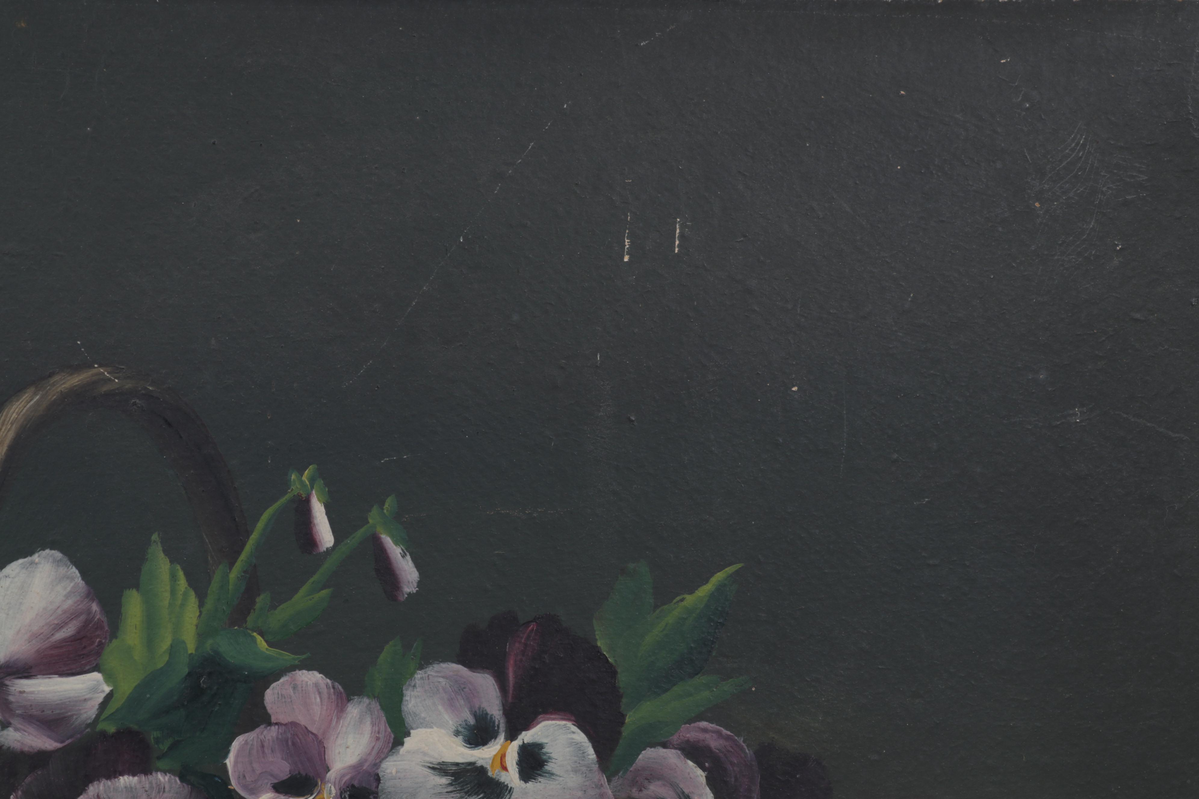Still Life Oil Painting of Pansy Flowers in Basket, Circa 1930