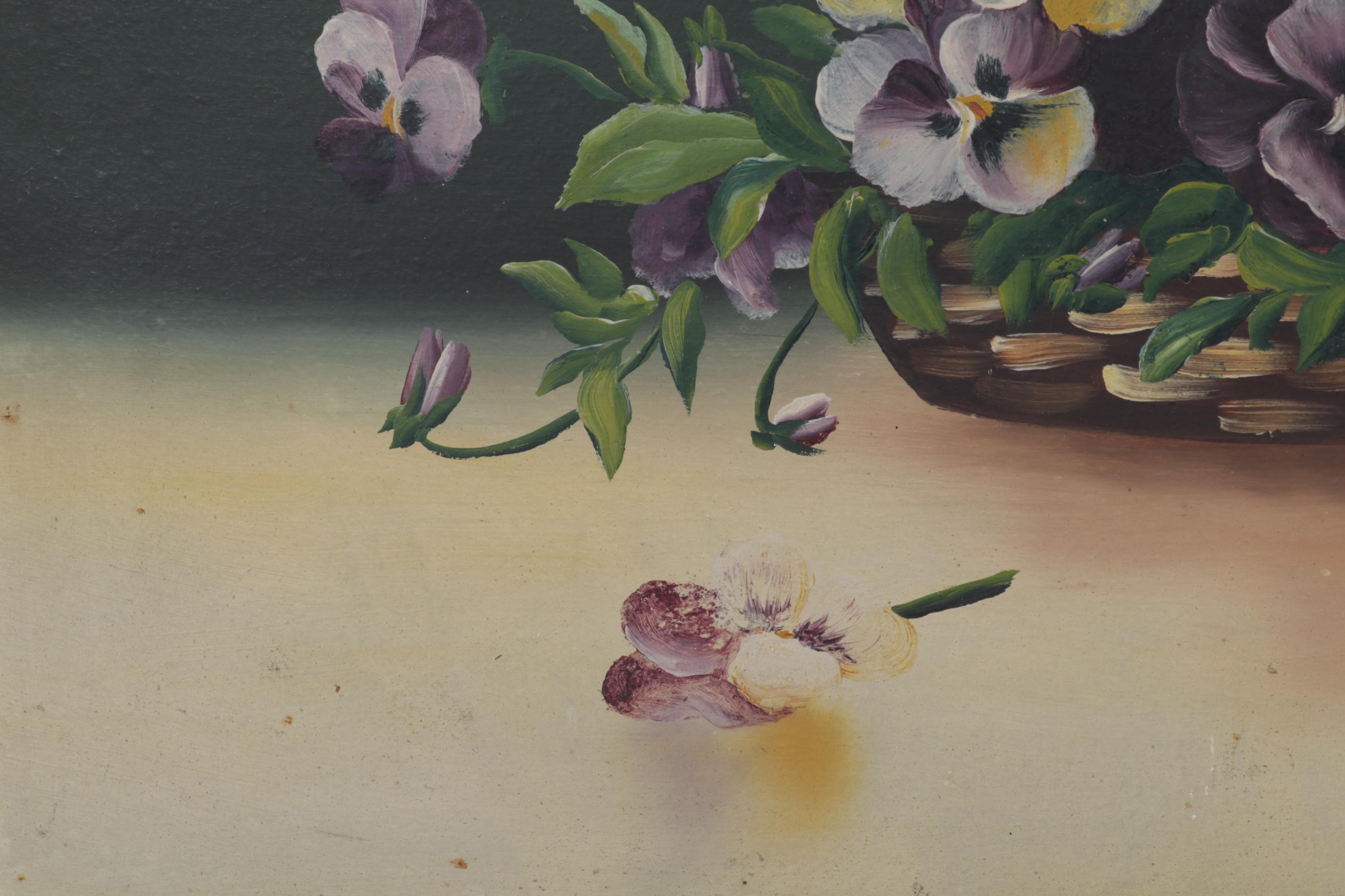 Still Life Oil Painting of Pansy Flowers in Basket, Circa 1930