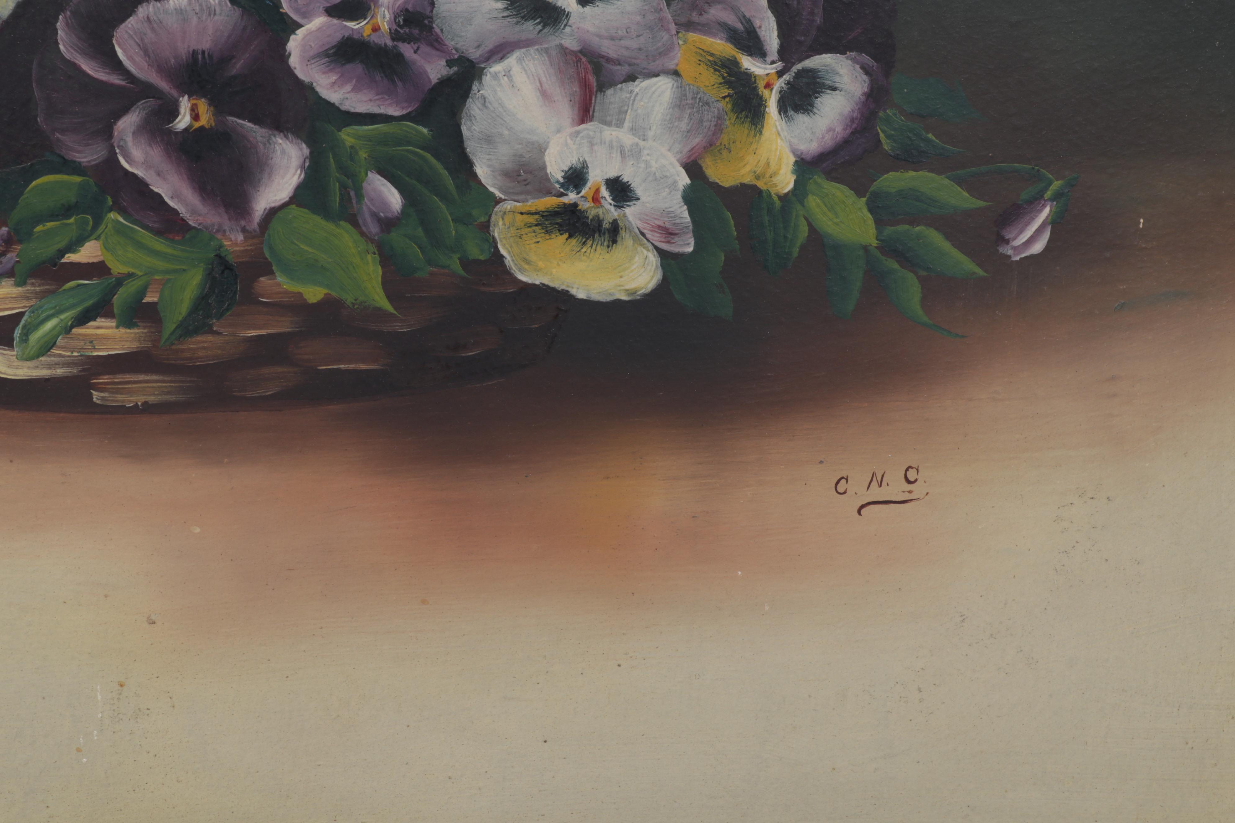Still Life Oil Painting of Pansy Flowers in Basket, Circa 1930