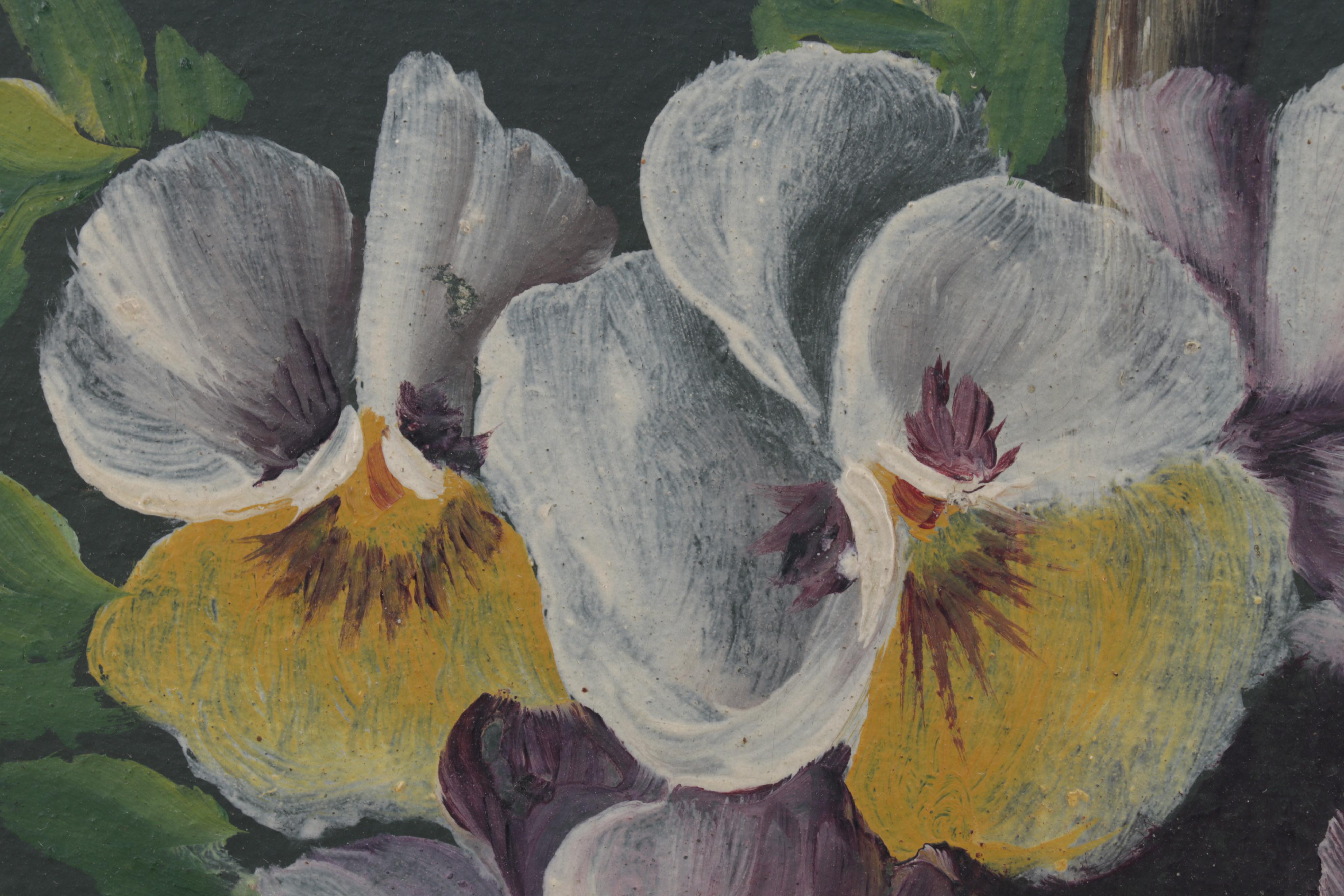Still Life Oil Painting of Pansy Flowers in Basket, Circa 1930