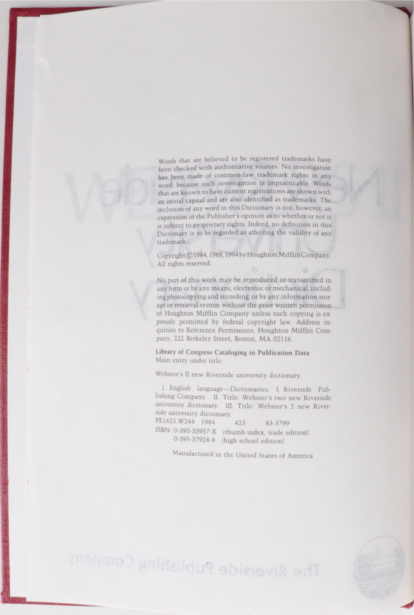 "Webster's II New Riverside University Dictionary" by Howard Webber and More