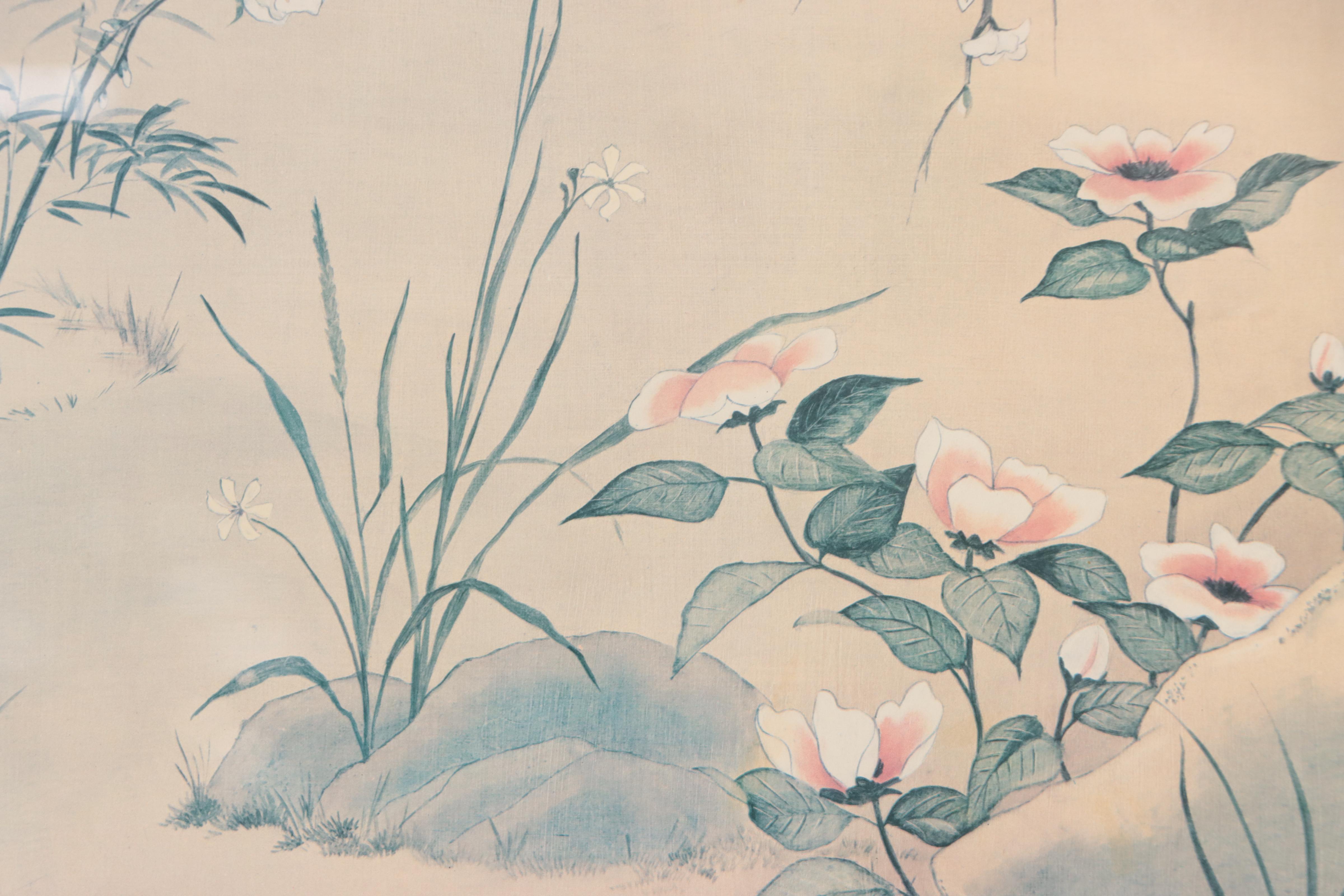 East Asian Offset Lithograph of Birds and Flowers