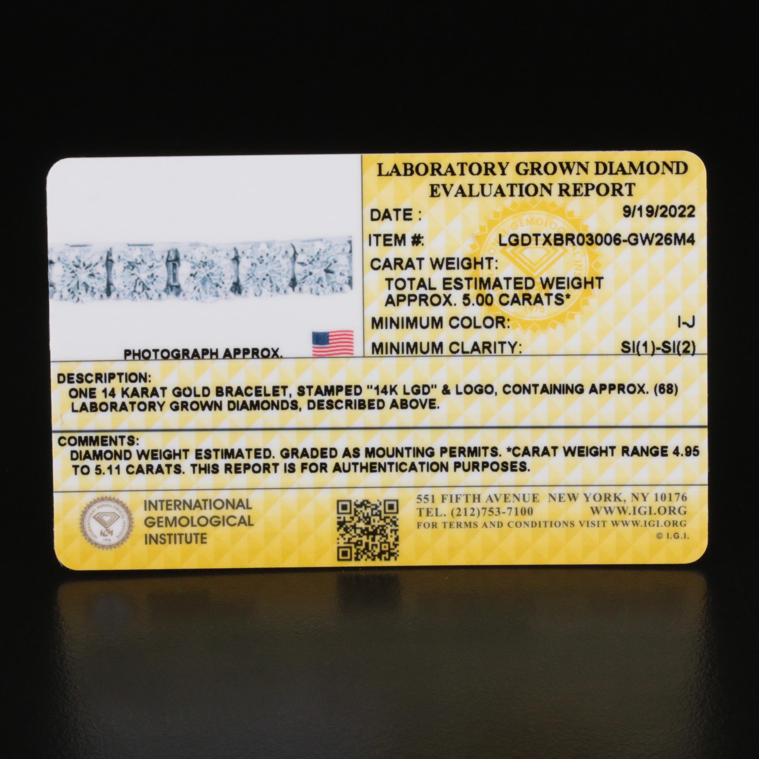 14K 5.00 CTW Lab Grown Diamond Bracelet with IGI Report