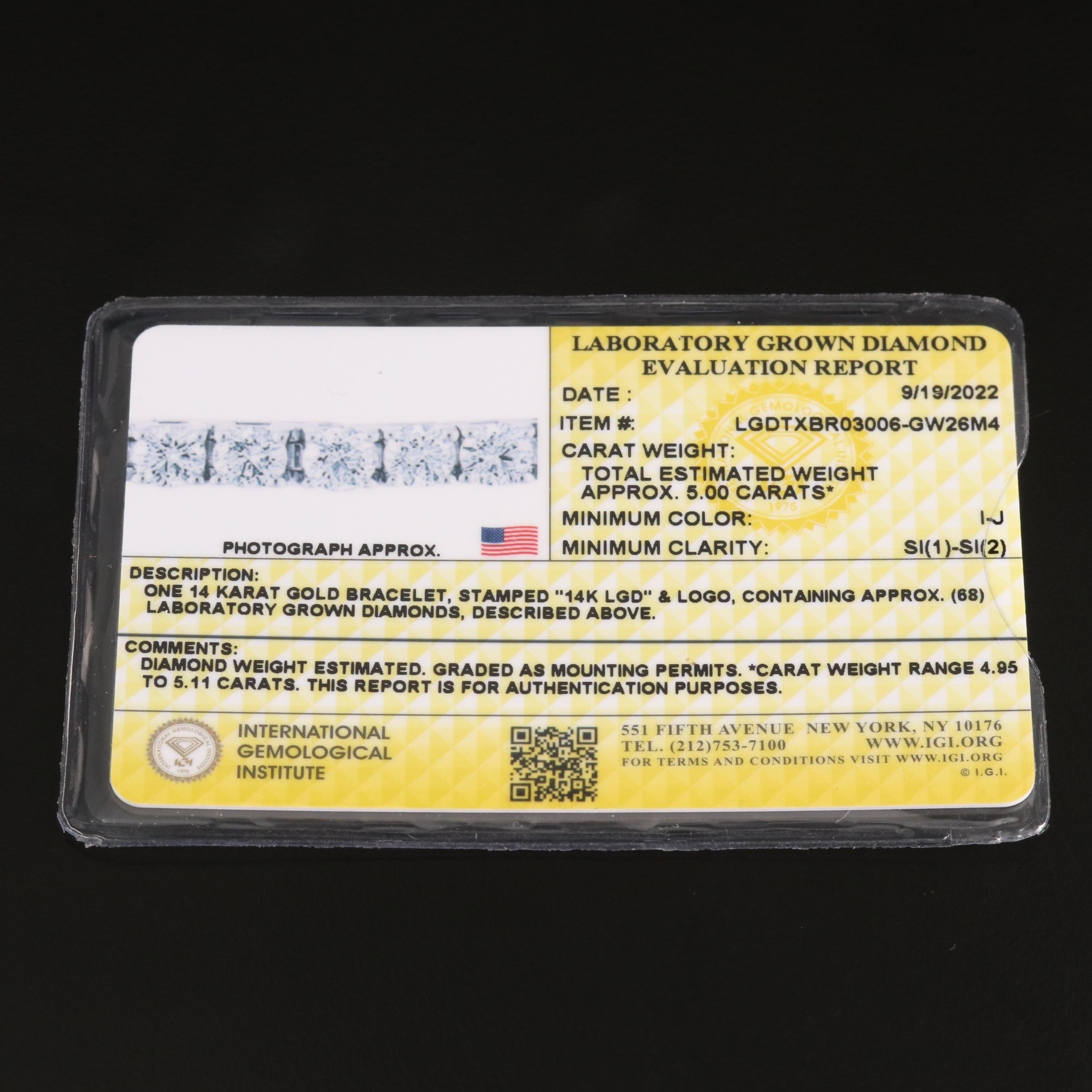 14K 5.00 CTW Lab Grown Diamond Line Bracelet with IGI Report