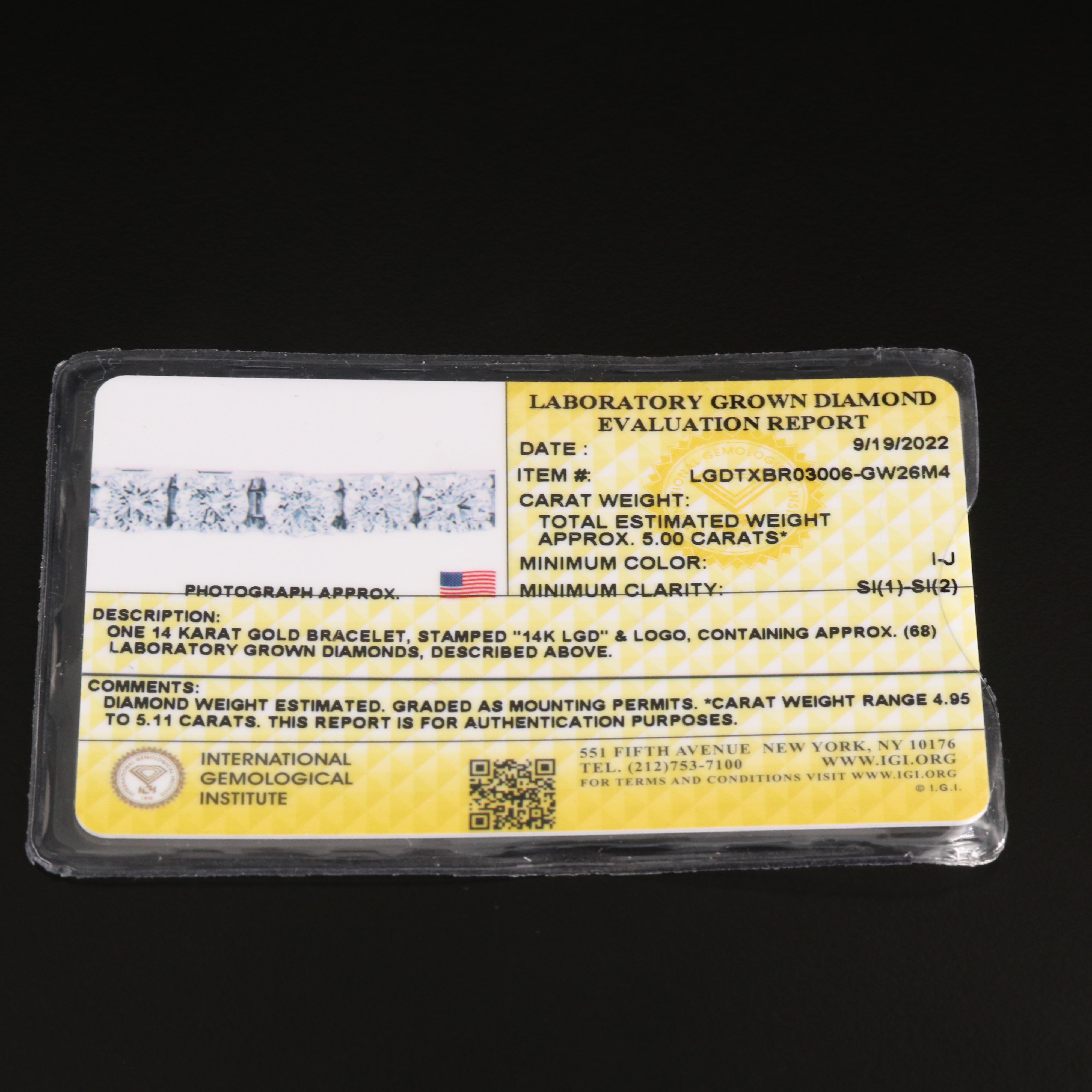 14K 5.00 CTW Lab Grown Diamond Line Bracelet with IGI Report