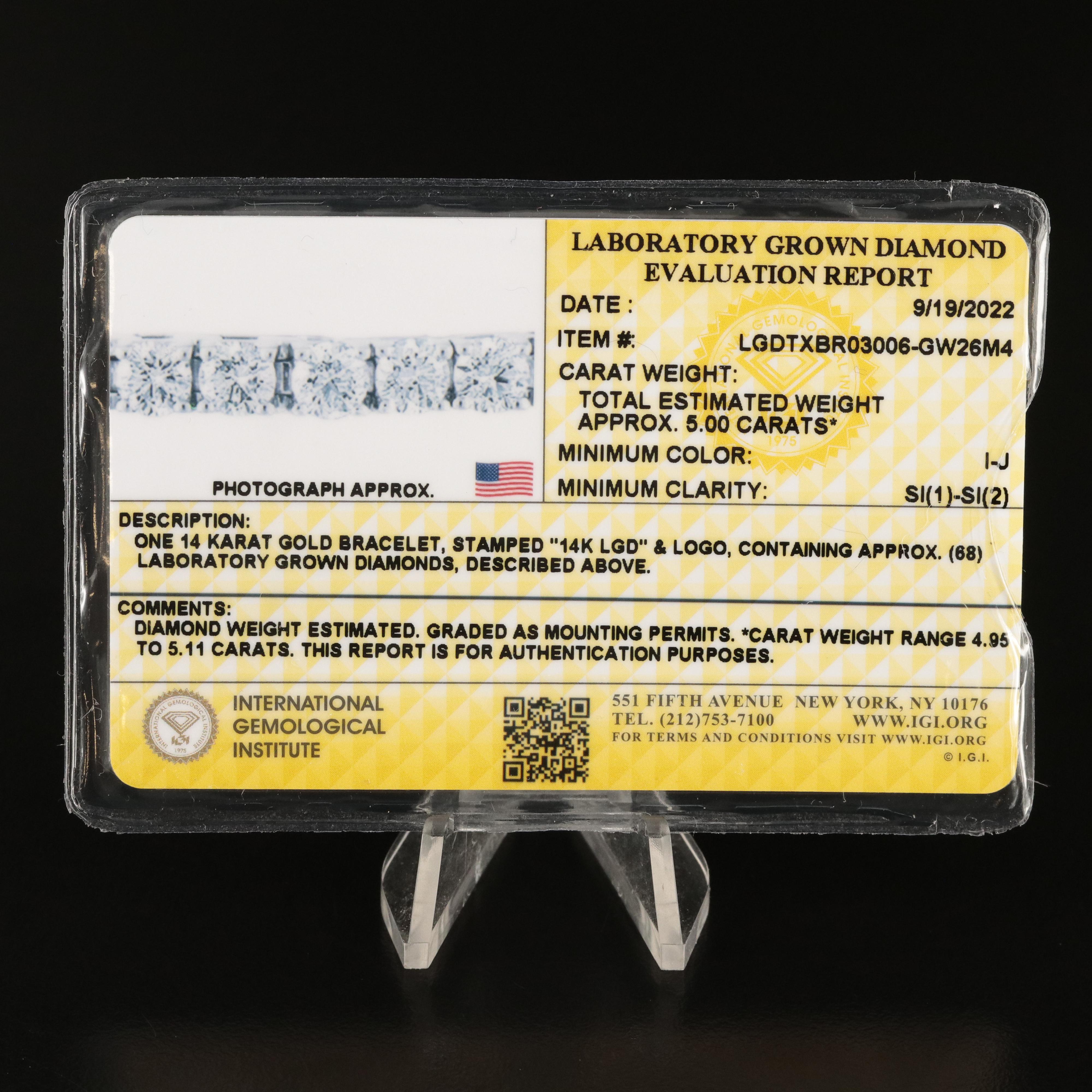 14K 5.00 CTW Lab Grown Diamond Line Bracelet with IGI Report