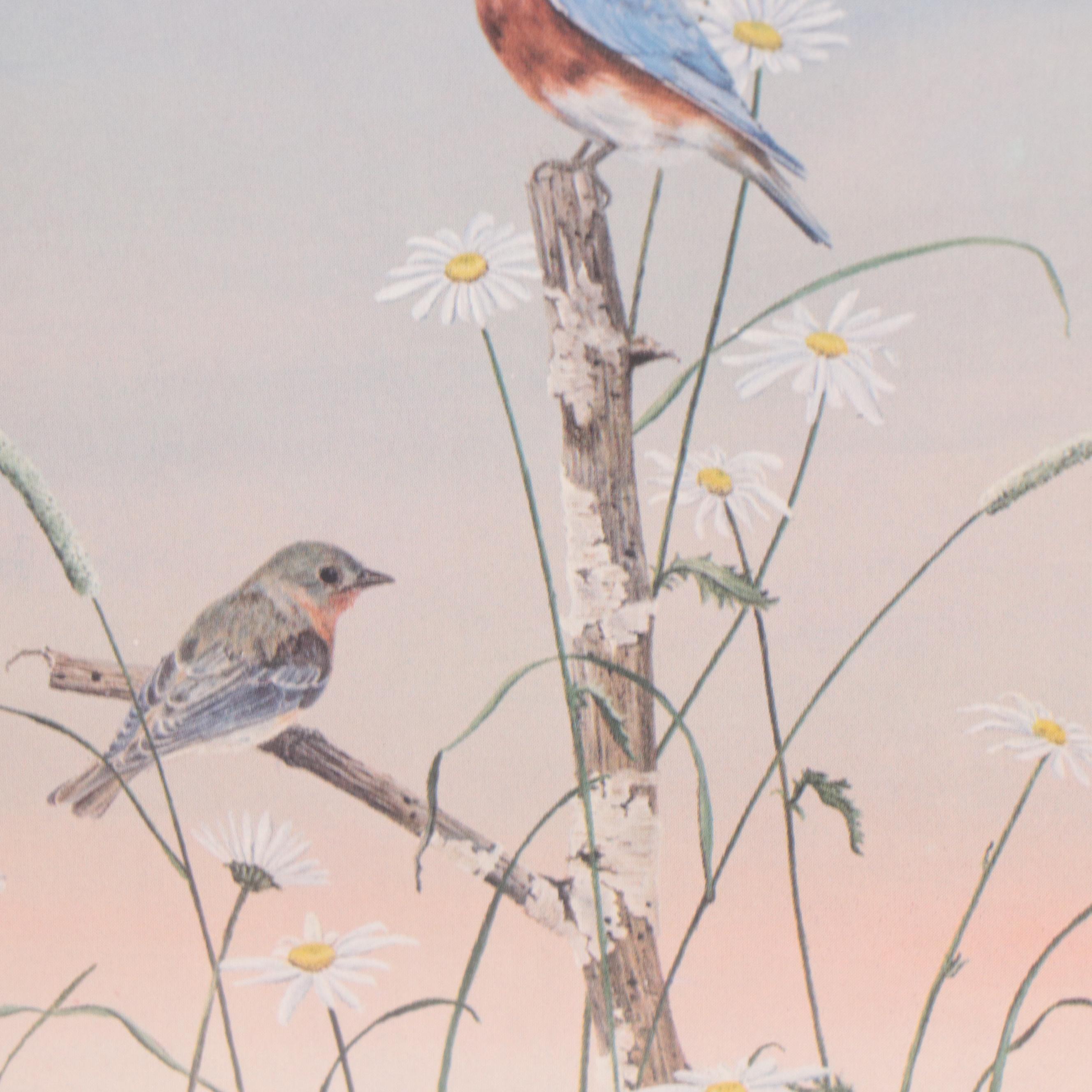 Offset Lithograph After Robert Leland Pence "Bluebirds and Daisies"