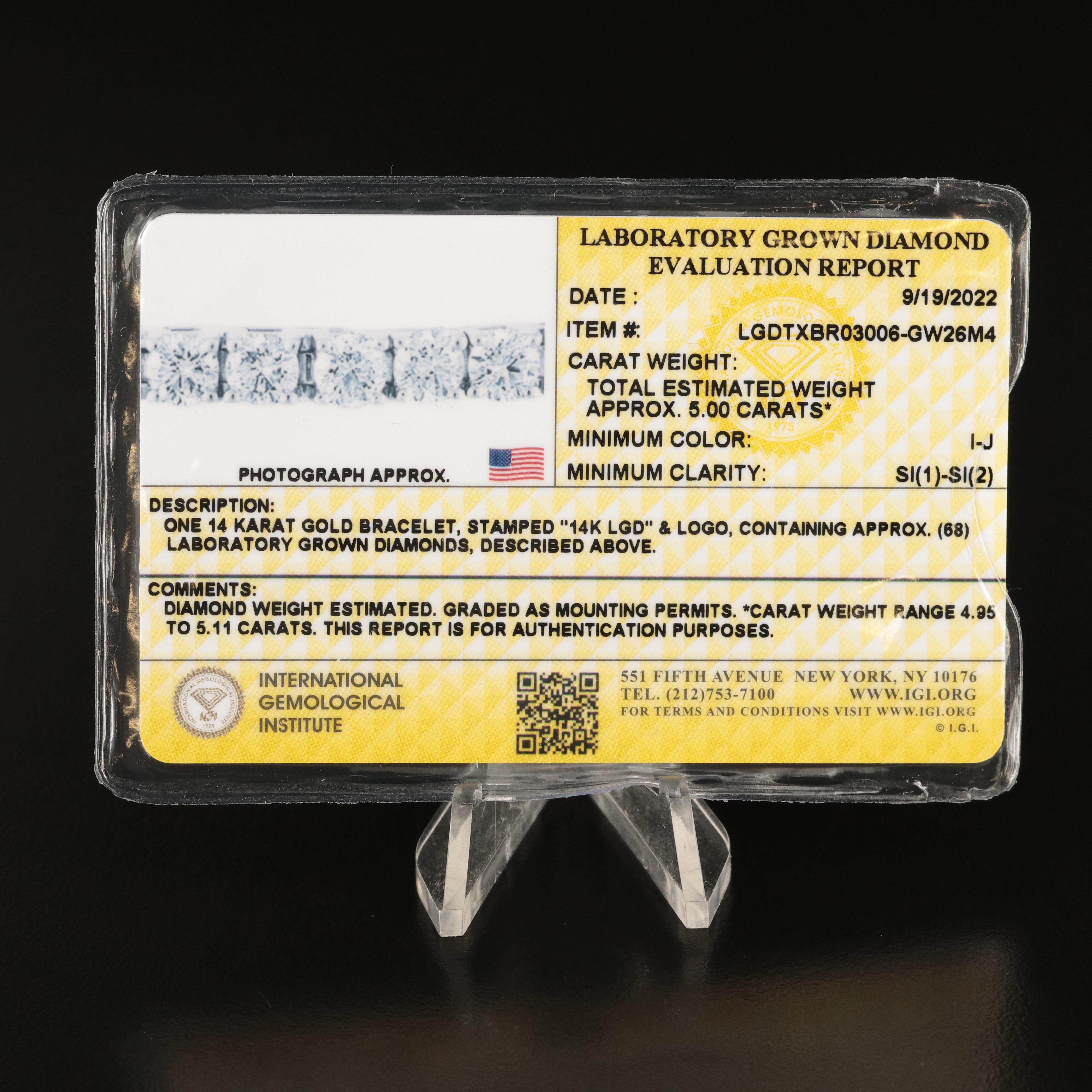 14K 5.00 CTW Lab Grown Diamond Line Bracelet with IGI Report