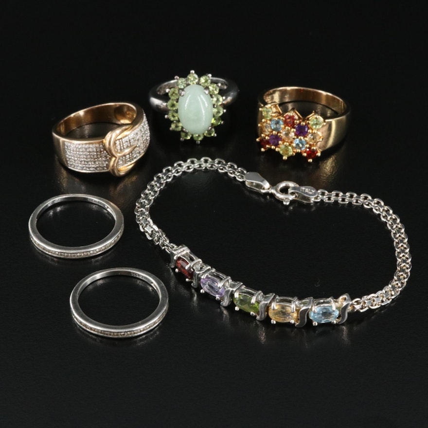 Italian Sterling Bracelet and Rings Including Garnet, Peridot and Amethyst
