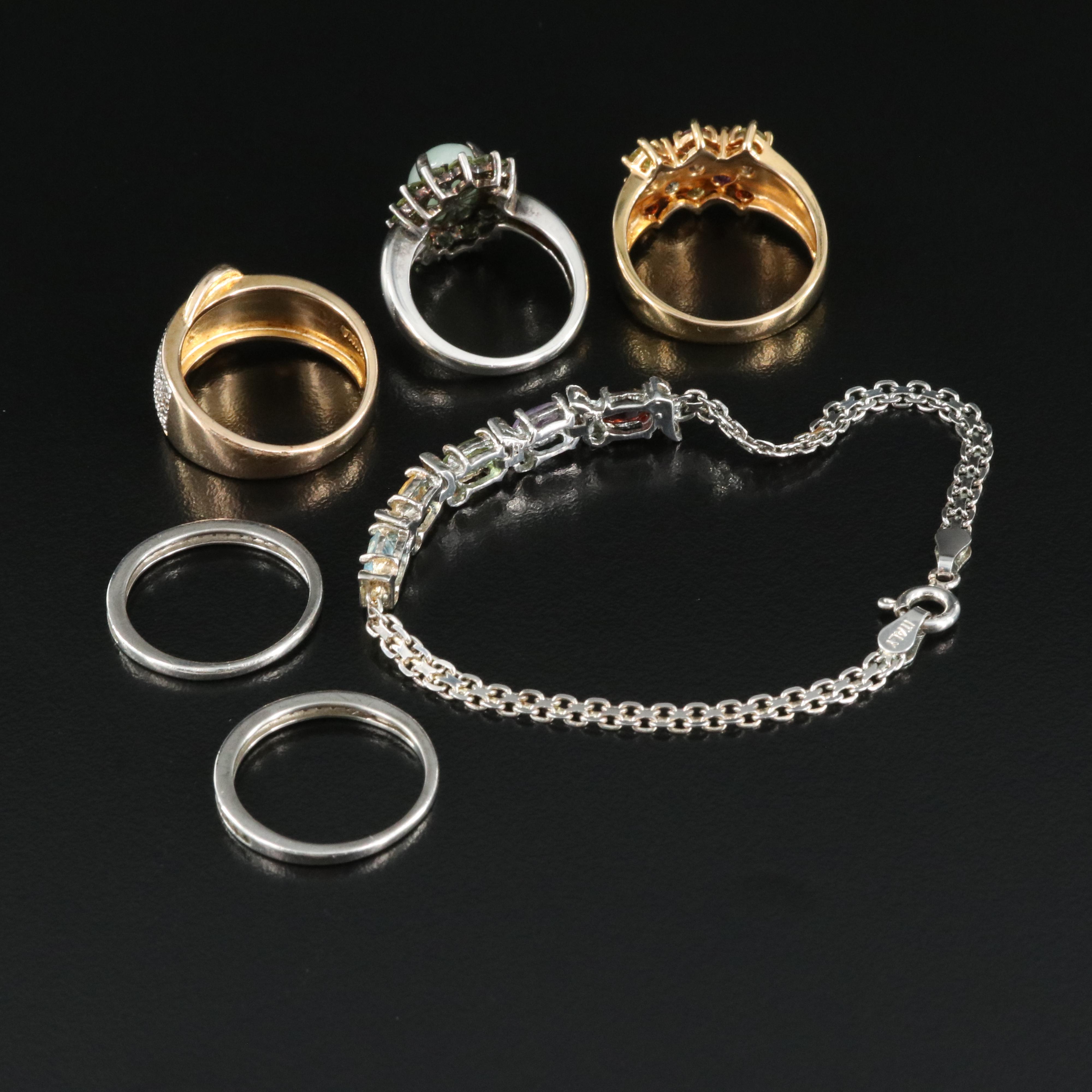 Italian Sterling Bracelet and Rings Including Garnet, Peridot and Amethyst