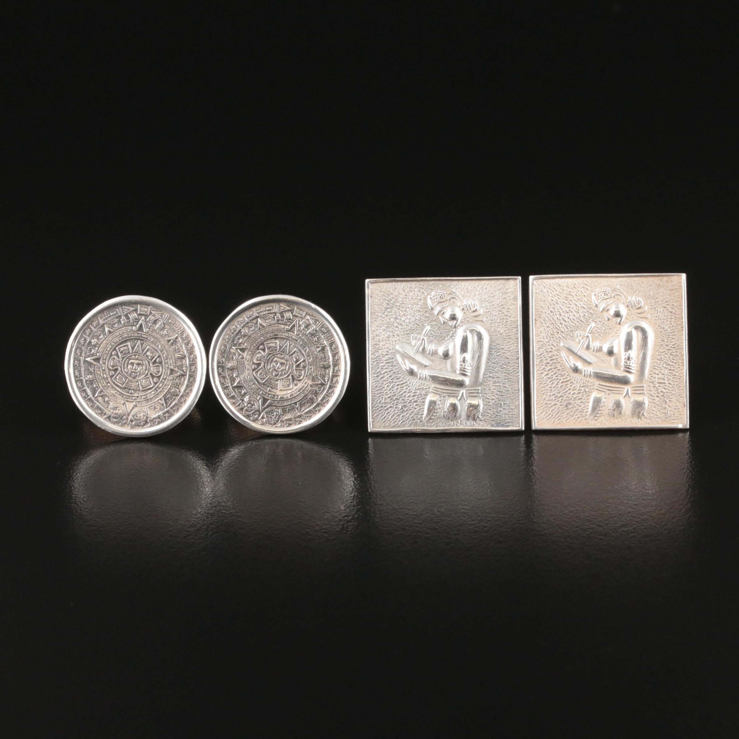Sterling Indian Women and Aztec Calander Cufflinks