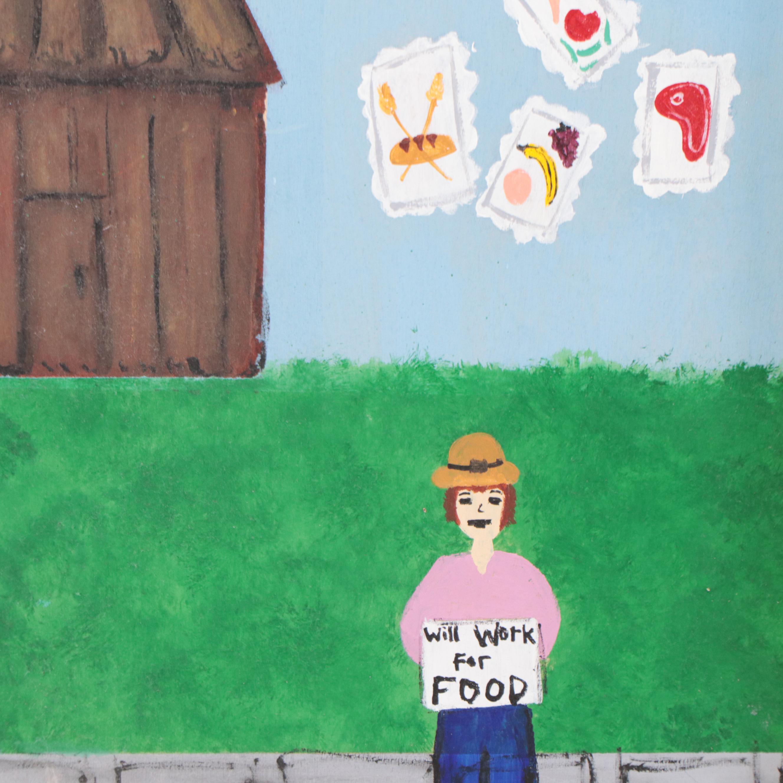 Folk Art Acrylic Painting of Farm Scenes, Late 20th Century