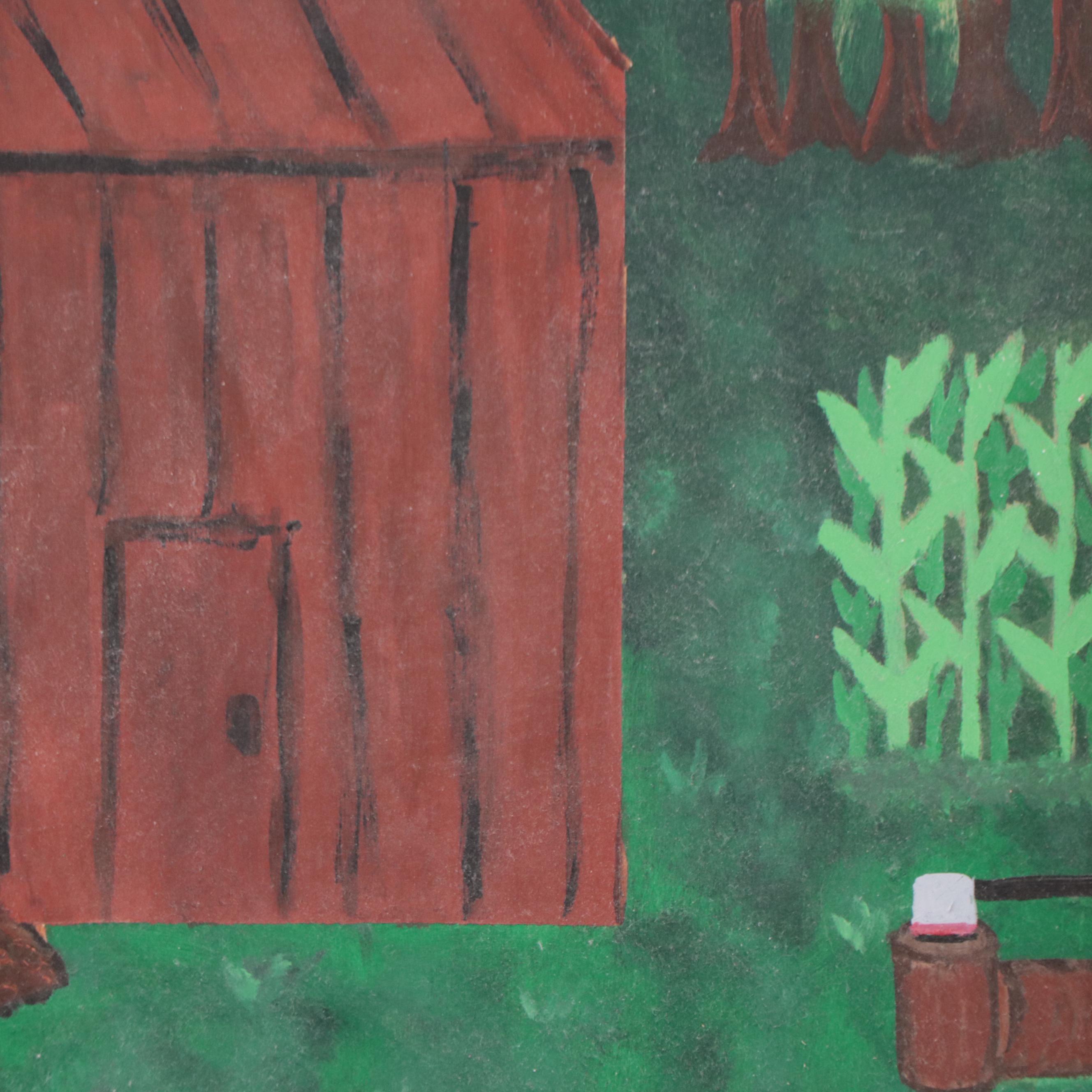 Folk Art Acrylic Painting of Farm Scenes, Late 20th Century