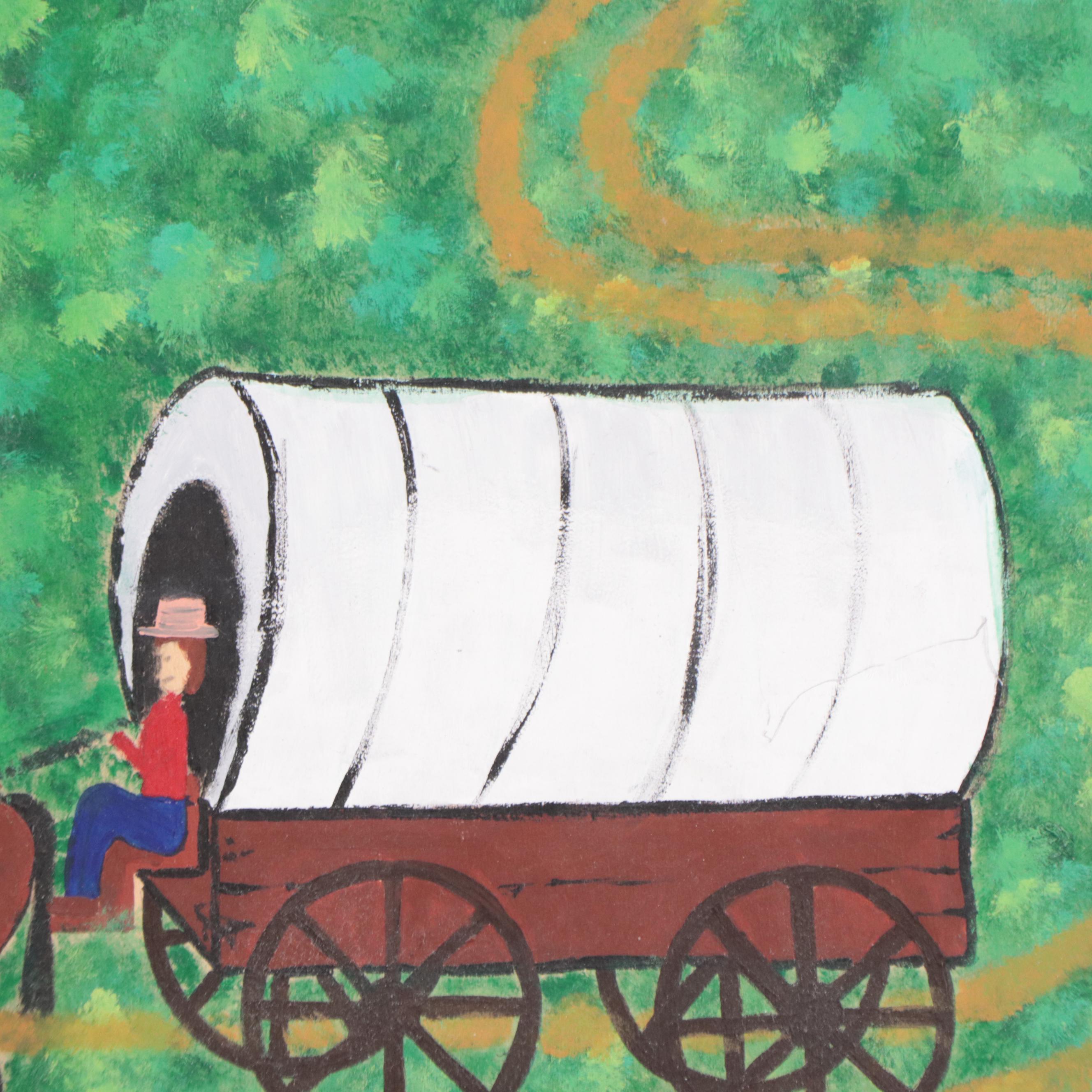 Folk Art Acrylic Painting of Farm Scenes, Late 20th Century