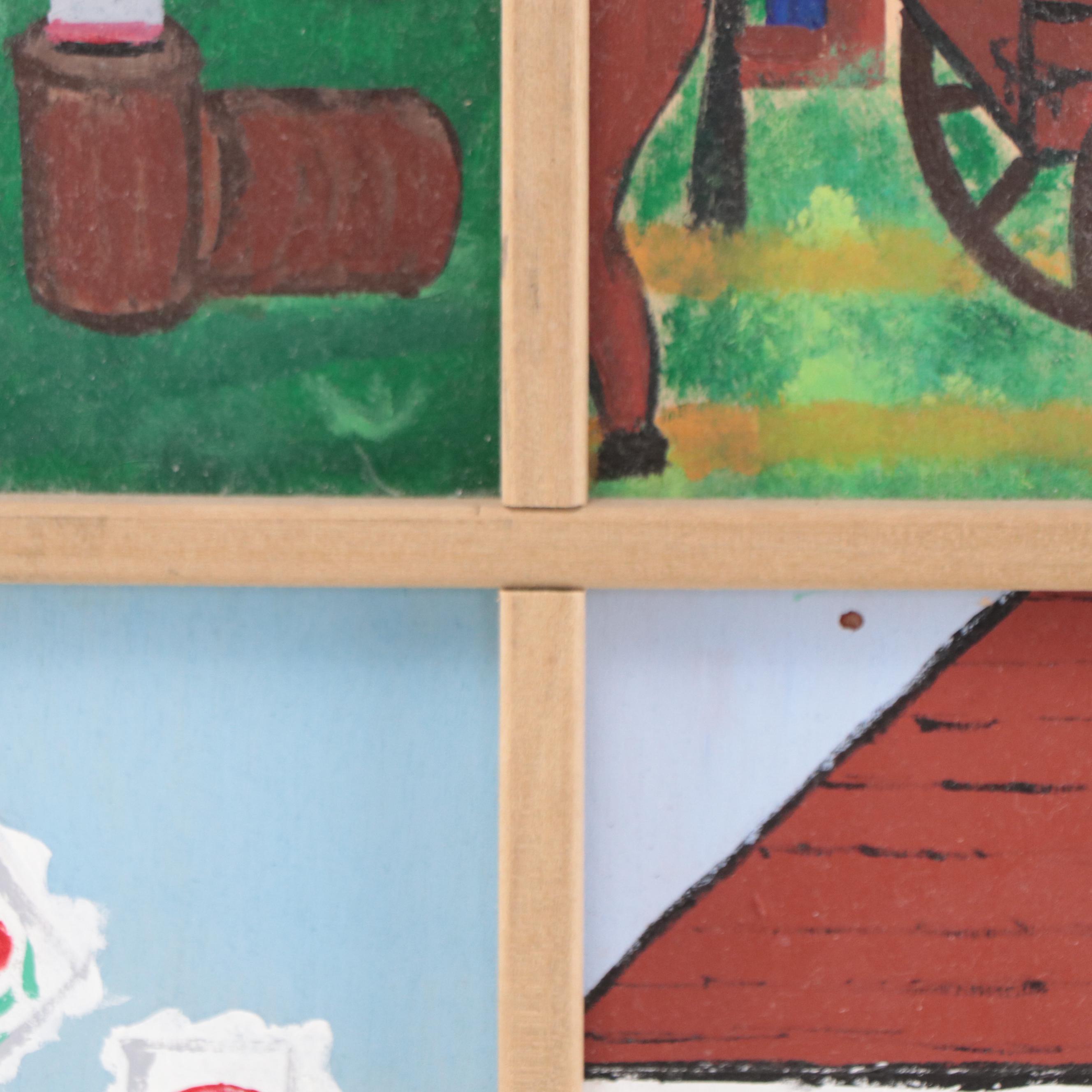 Folk Art Acrylic Painting of Farm Scenes, Late 20th Century