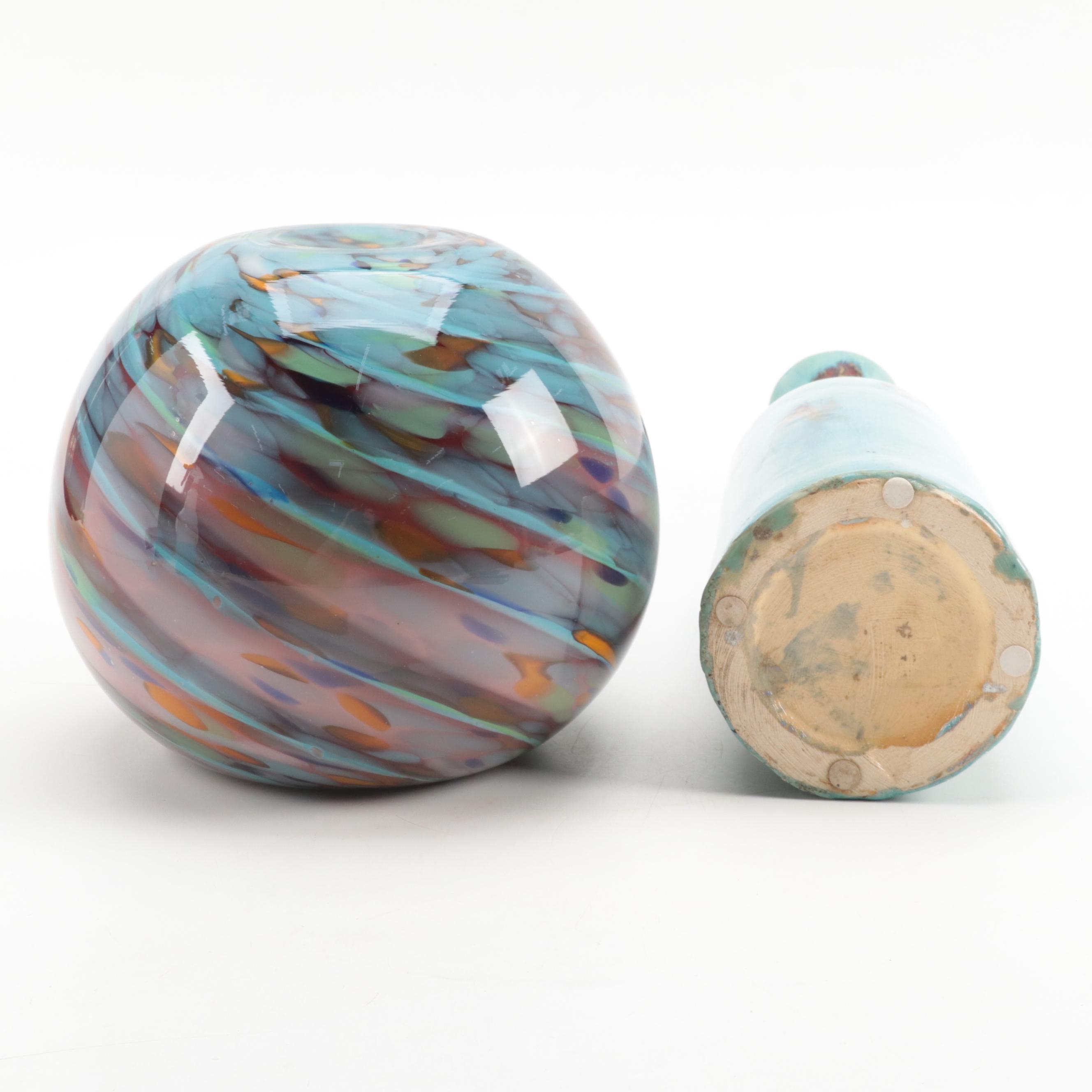 Blown Art Glass Rose Bowl with Art Pottery Bottle Vase