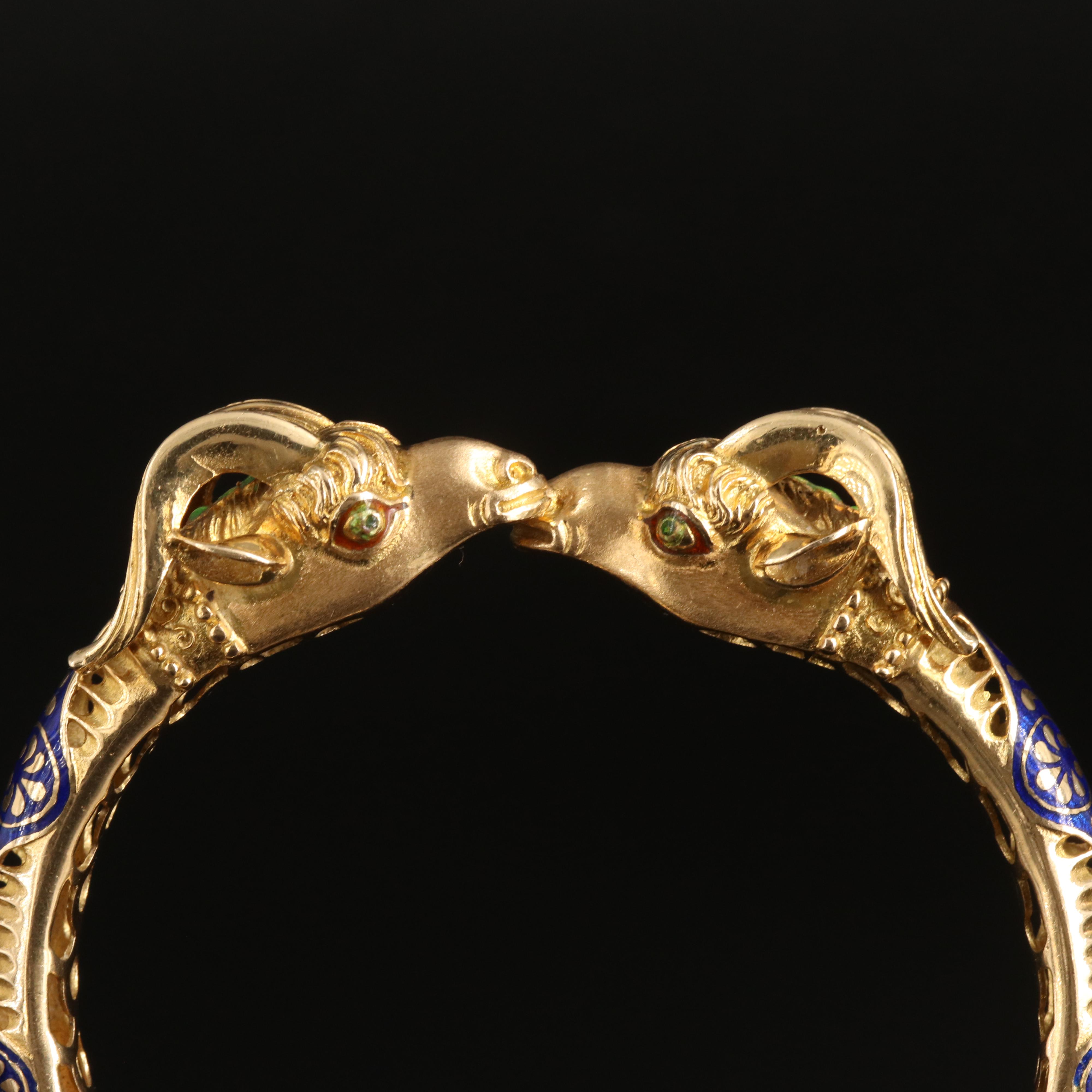 18K Enameled Double Headed Ram Hinged Bangle