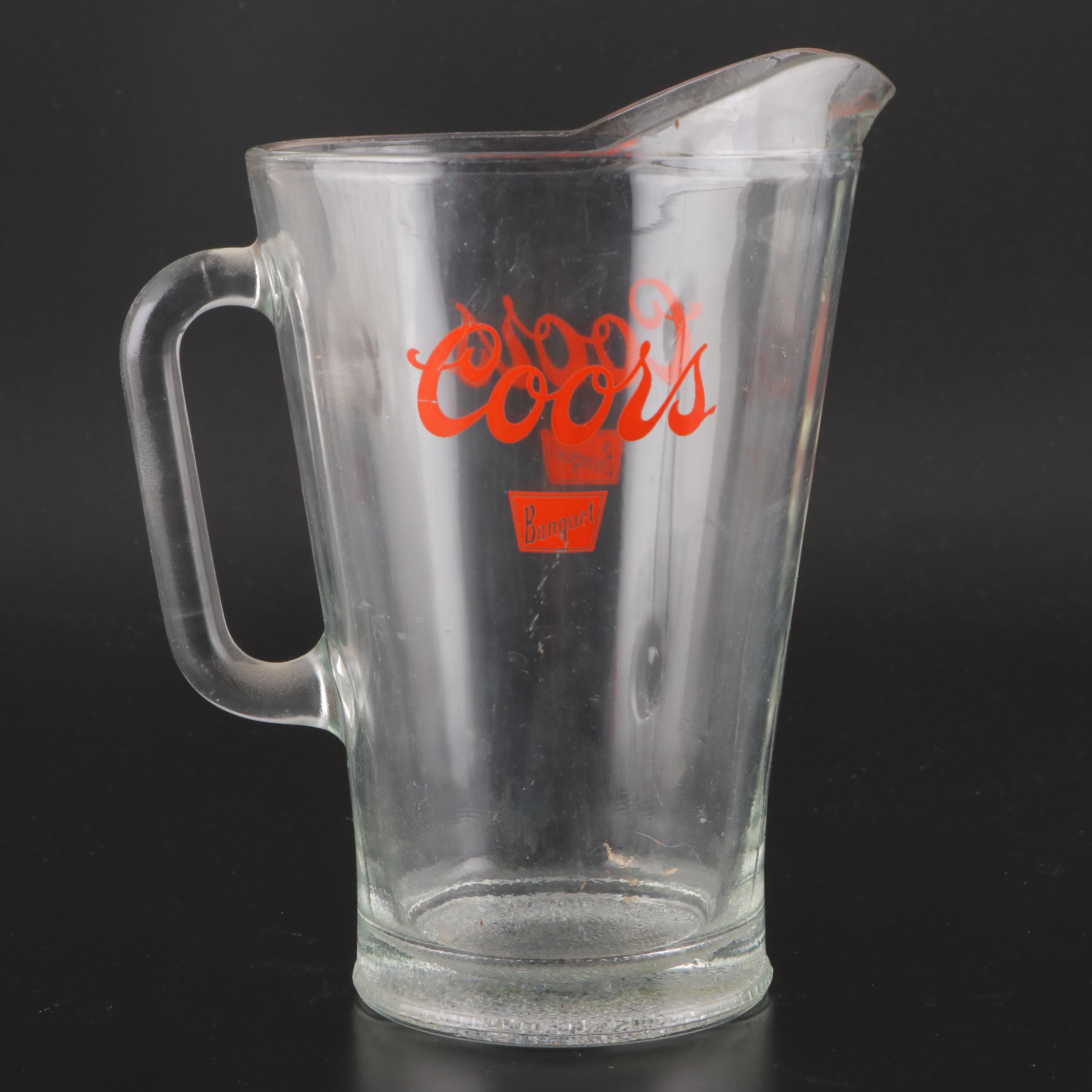 Coors Banquet Pressed Glass Beer Pitcher and Glasses, Mid to Late 20th Century