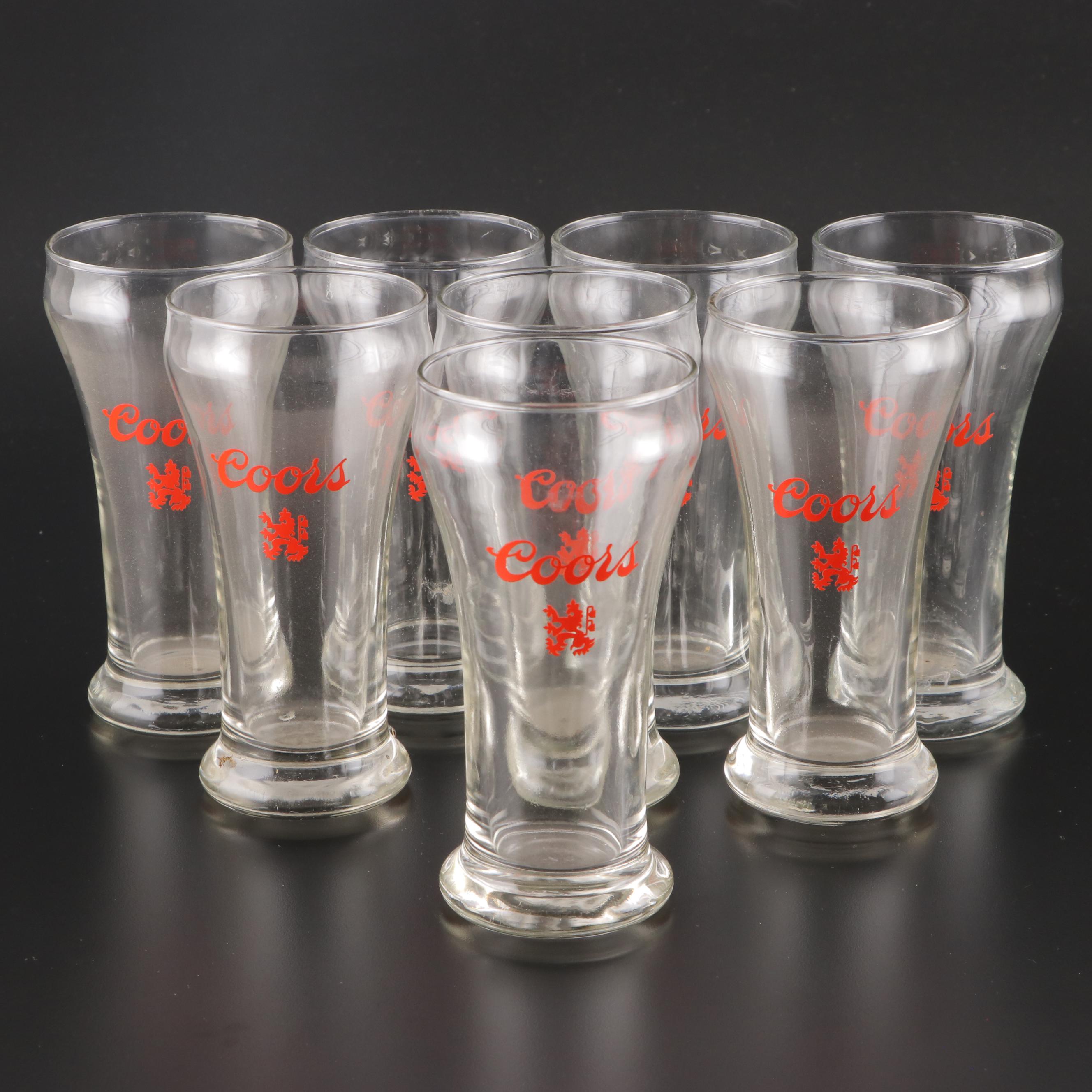 Coors Banquet Pressed Glass Beer Pitcher and Glasses, Mid to Late 20th Century