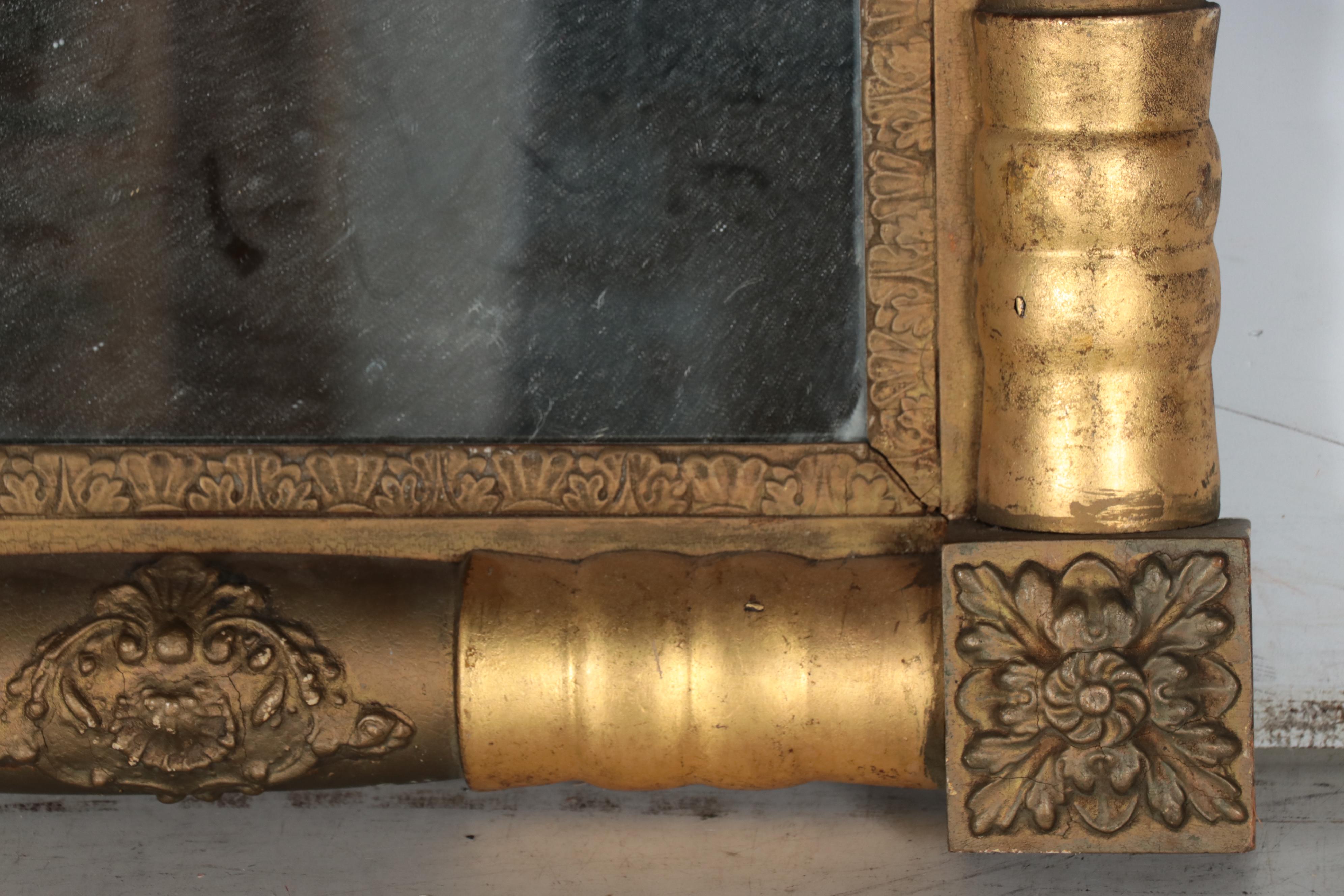 American Empire Giltwood Mirror with Corner Block and Raised Gesso Decoration