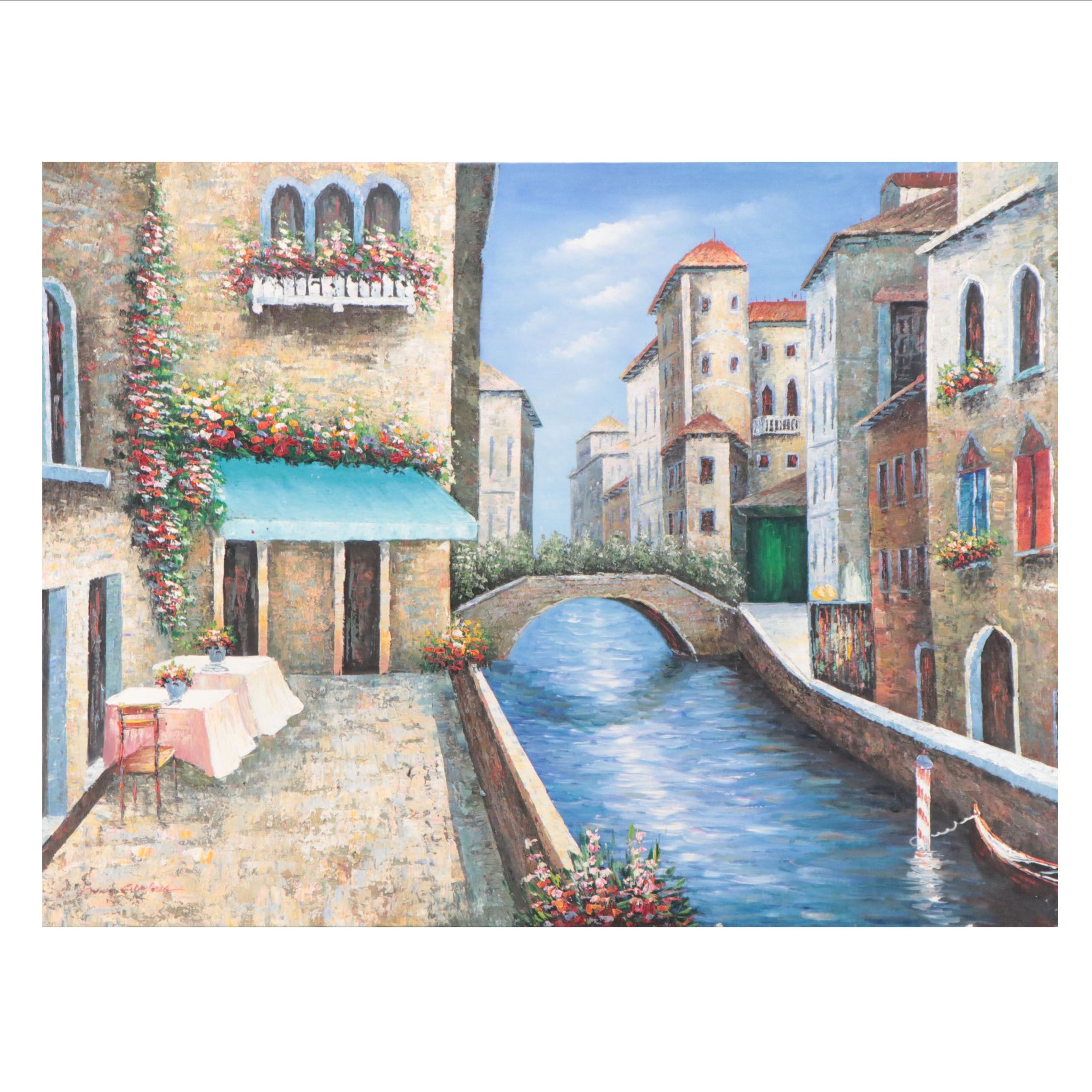 Marie Charlot Impressionist Style Oil Painting of Venetian Canal Scene