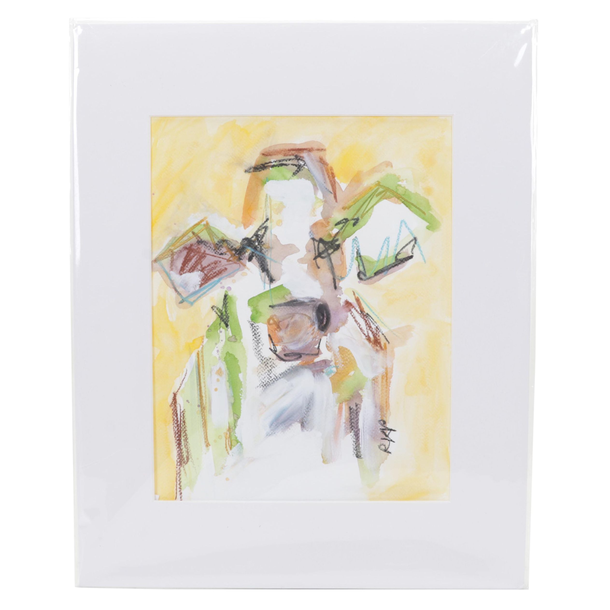 R. Kay Piar Folk Art Watercolor and Gouache Painting "Cow," 21st Century