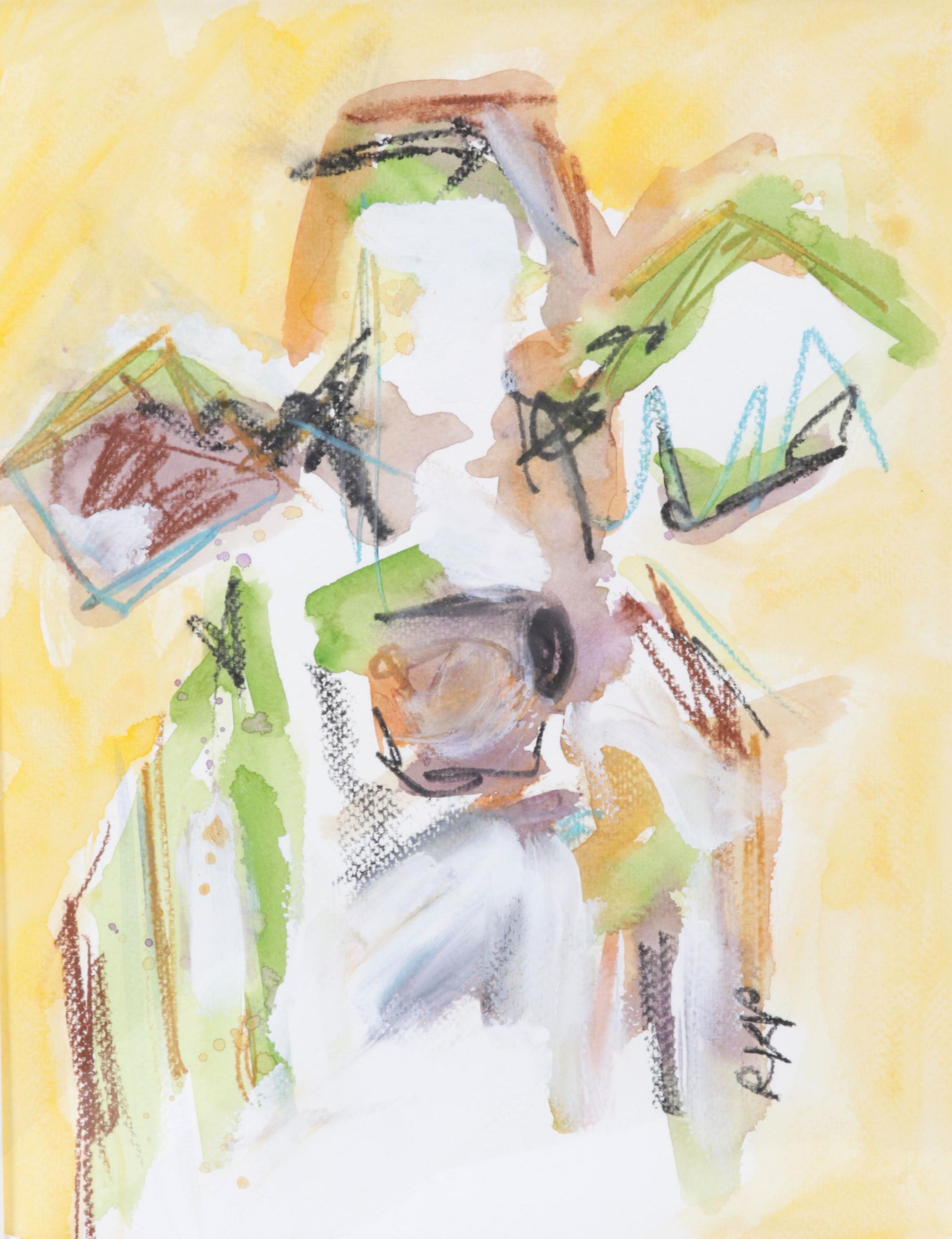 R. Kay Piar Folk Art Watercolor and Gouache Painting "Cow," 21st Century