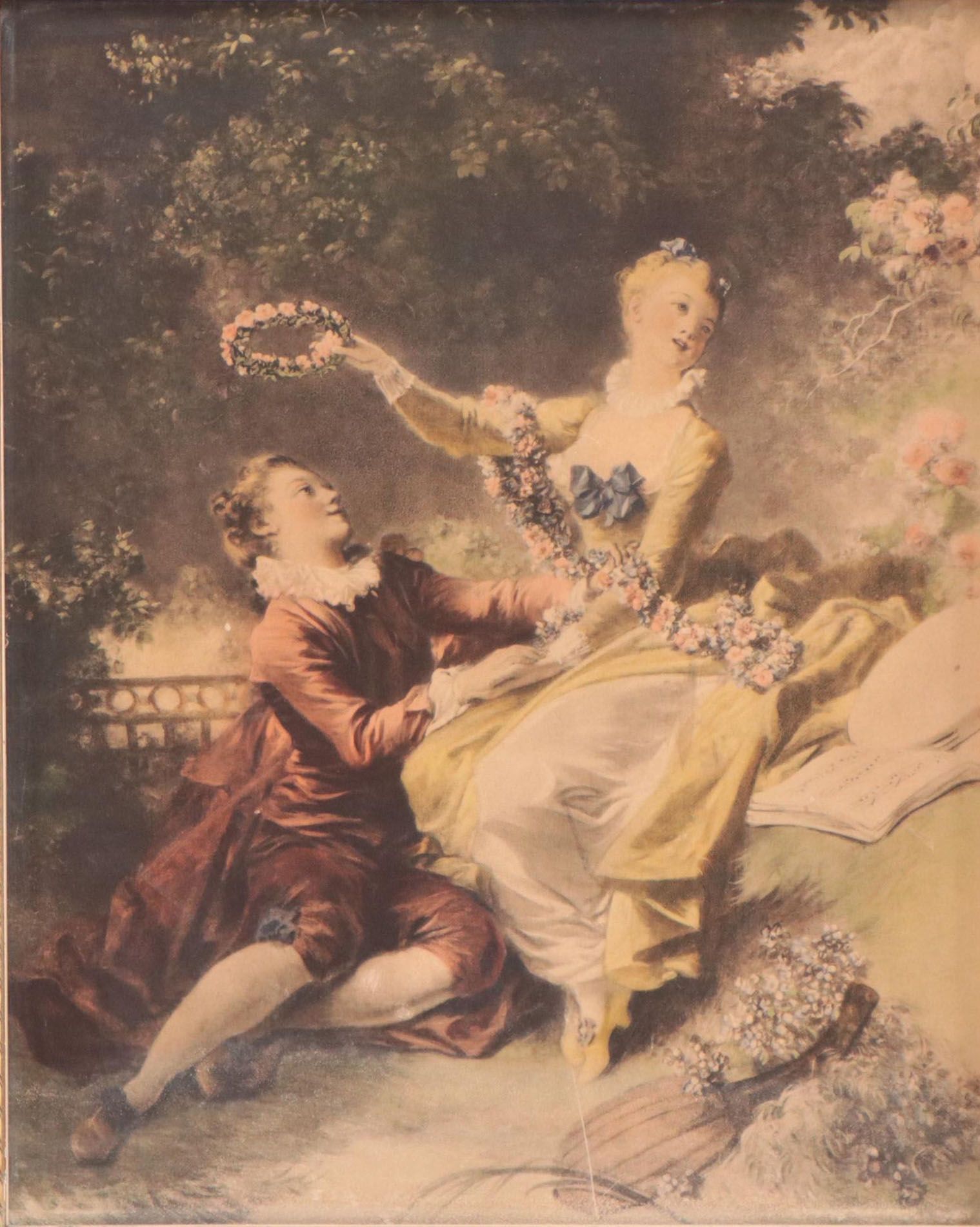 Hand-Colored Rotogravure After Jean-Honoré Fragonard "The Wreath," Circa 1940