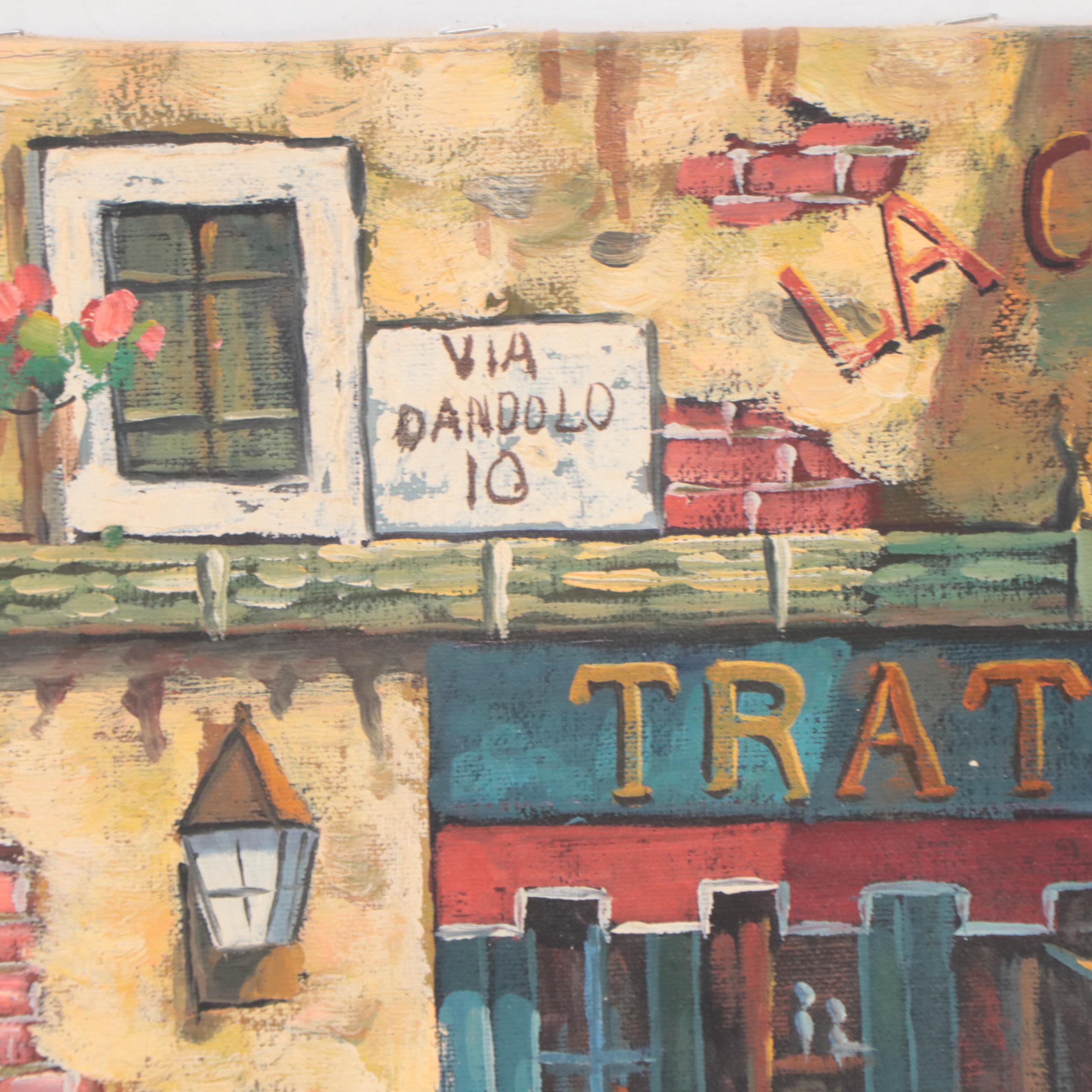 Roman Street Scene Oil Painting of a Trattoria in Trastevere, Late 20th Century